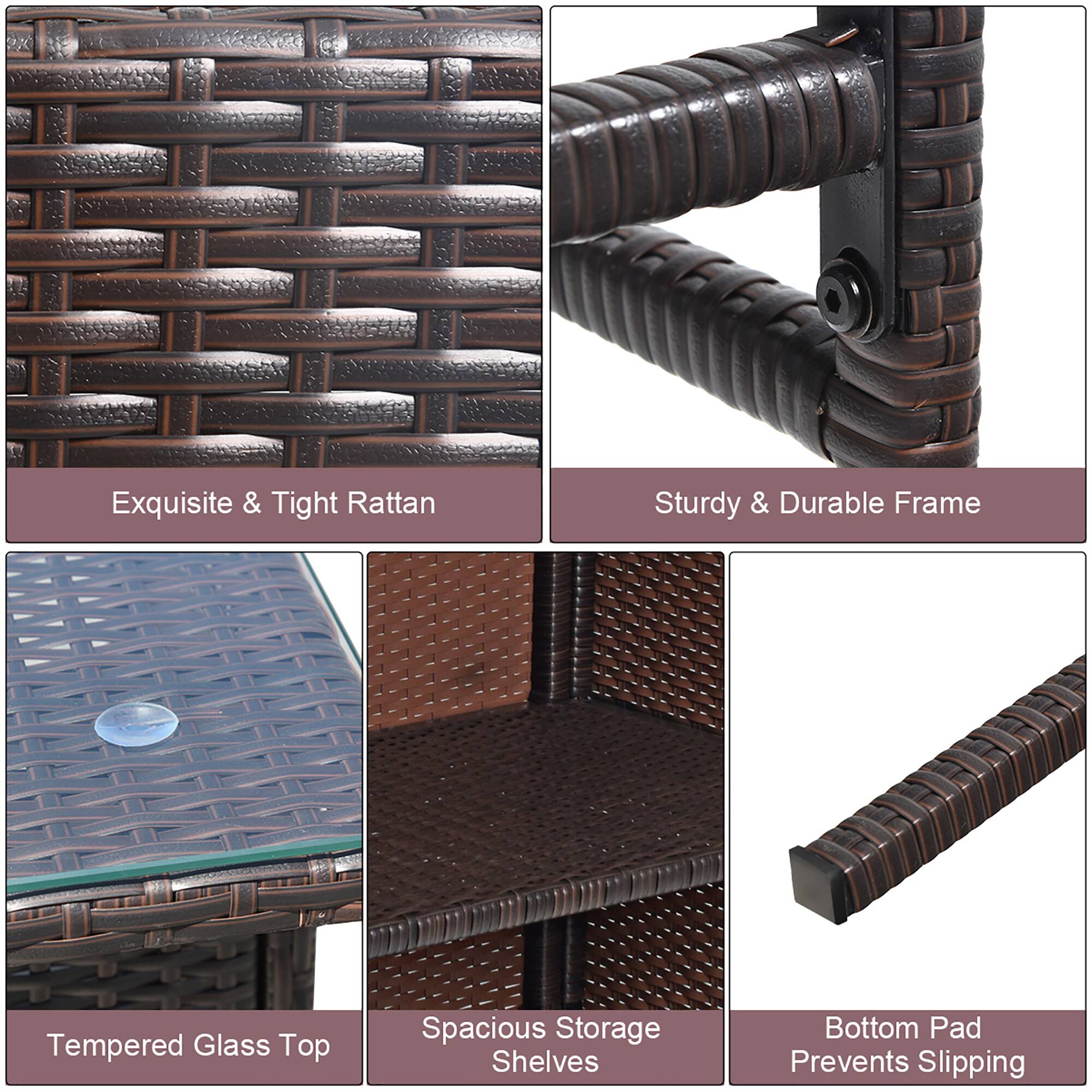 Exquisite & Tight Rattan Sturdy & Durable Frame Tempered Glass Top Spacious Storage Shelves Bottom Pad Prevents Slipping
