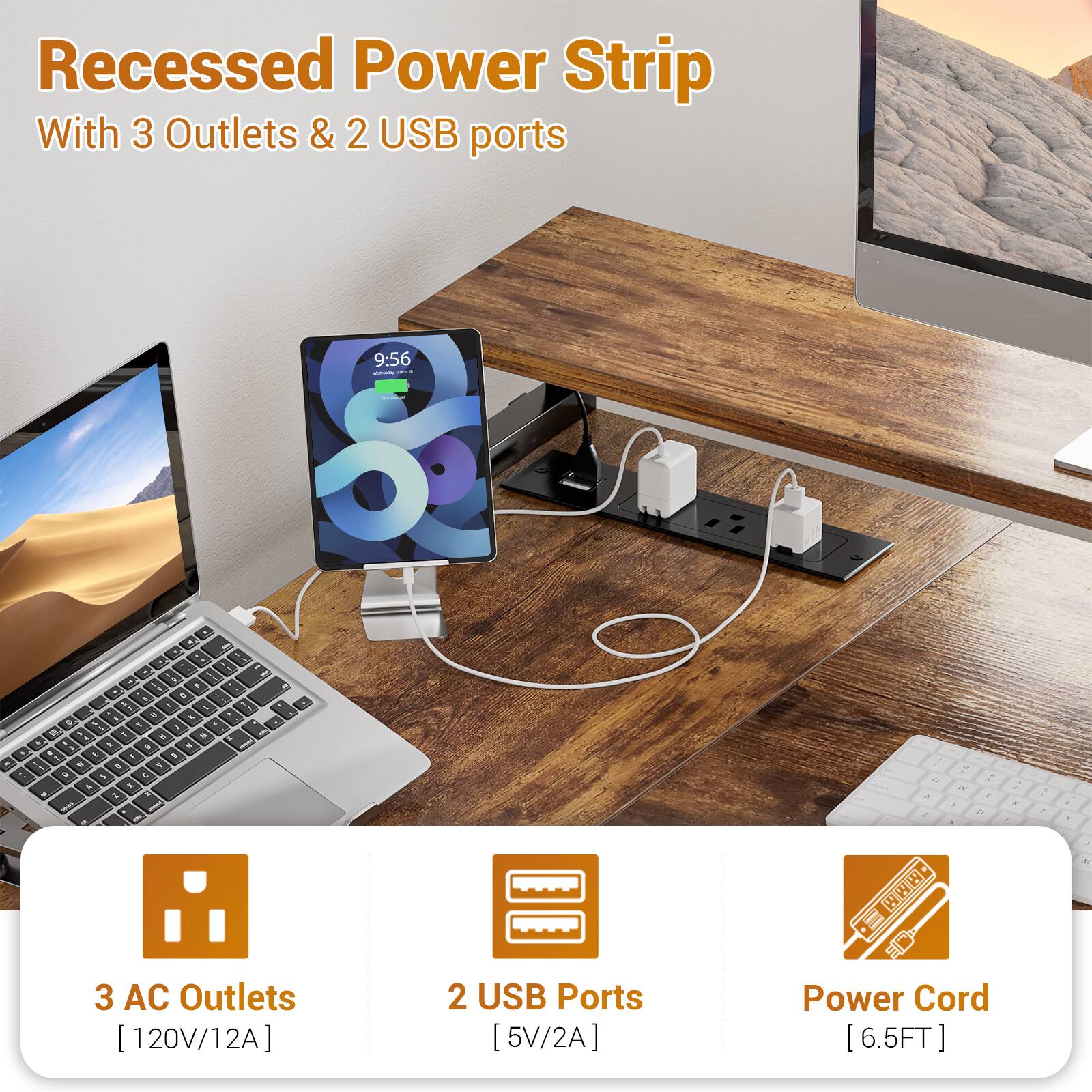 Recessed Power Strip With 3 Outlets & 2 USB ports

- 3 AC Outlets [120V/12A]
- 2 USB Ports [5V/2A]
- Power Cord [6.5FT]