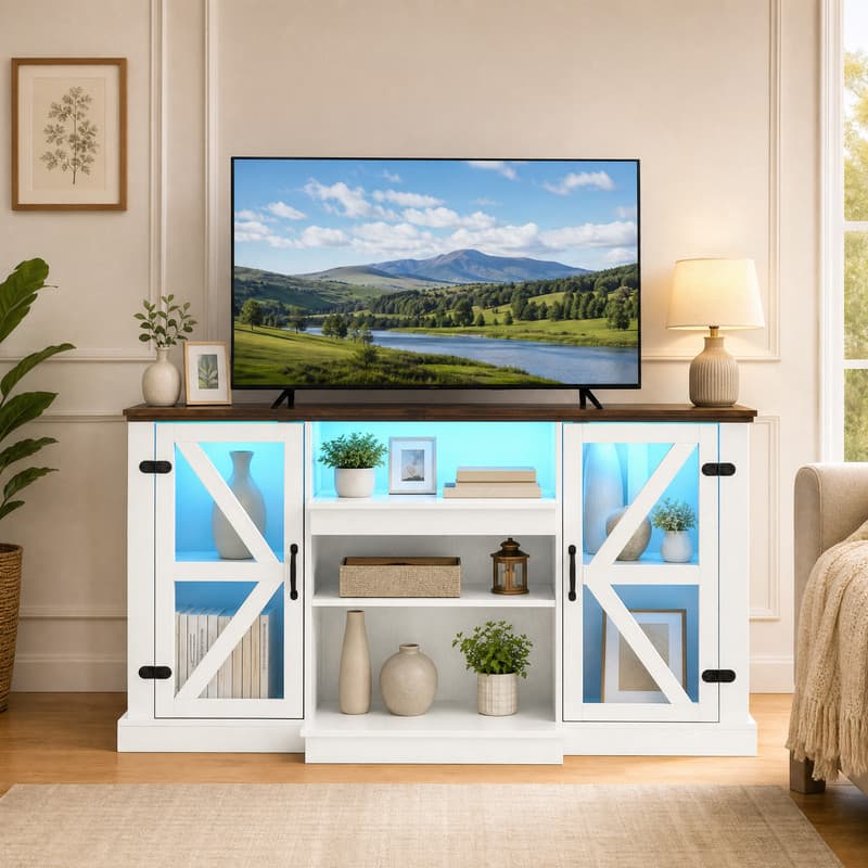 WELLFOR - Farmhouse TV Stand for TVs up to 65 ", LED Entertainment Center Media Console Table with Glass Door - White
