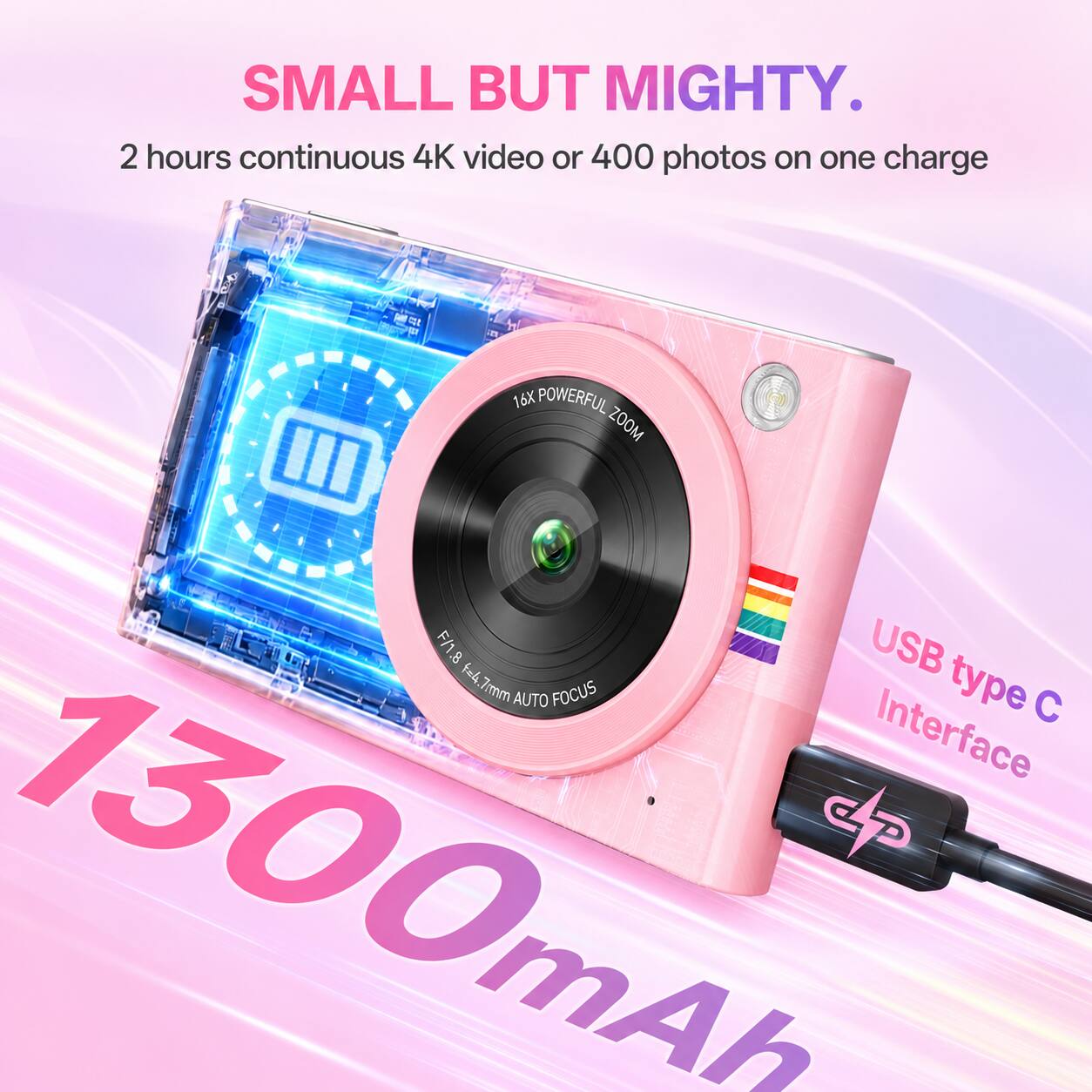 SMALL BUT MIGHTY.  
2 hours continuous 4K video or 400 photos on one charge  
16X POWERFUL ZOOM  
F/1.8 f=4.7mm AUTO FOCUS  
USB type C Interface  
1300mAh