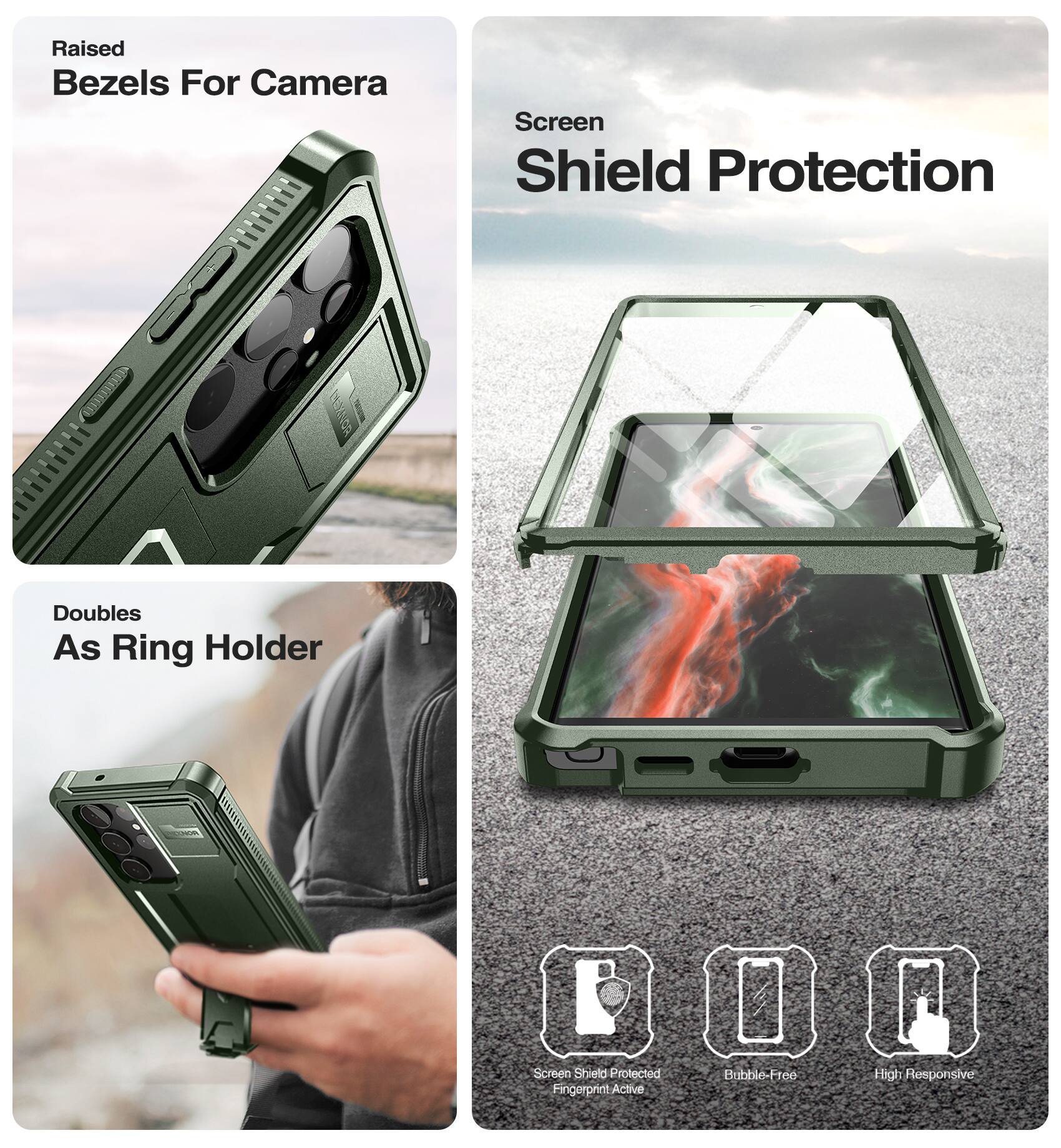 Raised Bezels For Camera, Screen Shield Protection, Doubles As Ring Holder, Screen Shield Protected, Fingerprint Active, Bubble-Free, High Responsive