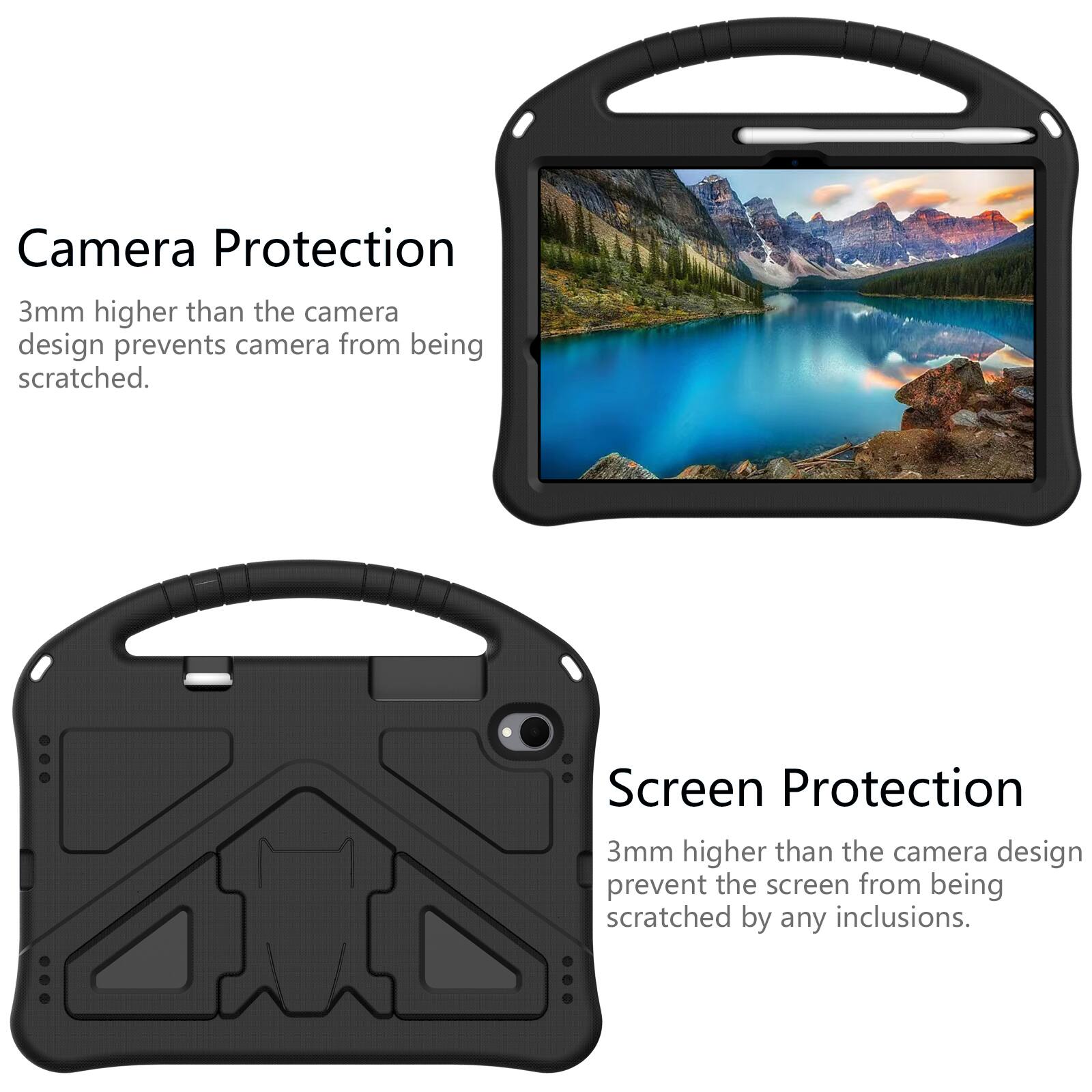 Camera Protection  
3mm higher than the camera design prevents camera from being scratched.  

Screen Protection  
3mm higher than the camera design prevent the screen from being scratched by any inclusions.