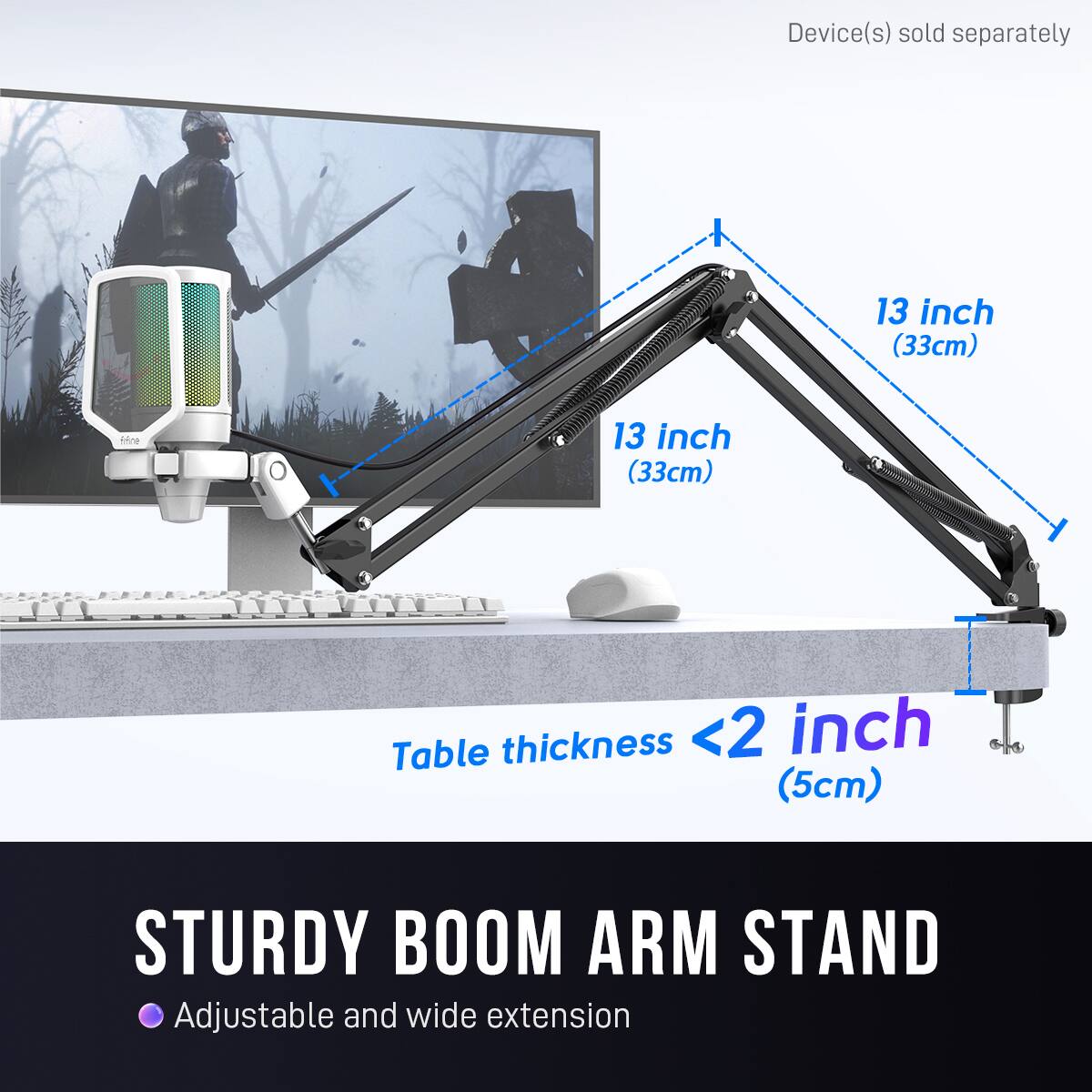The image features a computer monitor with a keyboard and mouse on a desk. The monitor is placed on a stand, which is described as a "sturdy boom arm stand." The stand is adjustable and has a wide extension, allowing for better ergonomics and comfort while using the computer. The text also indicates that the keyboard and mouse are sold separately, and the monitor has a 13-inch screen.
