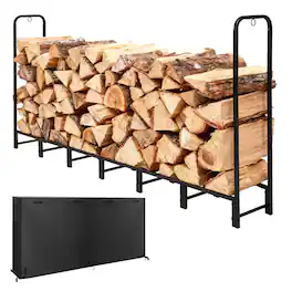 Winado - 8 FT Indoor/Outdoor Firewood Log Rack with Cover- Steel Fireplace Storage Holder - Black