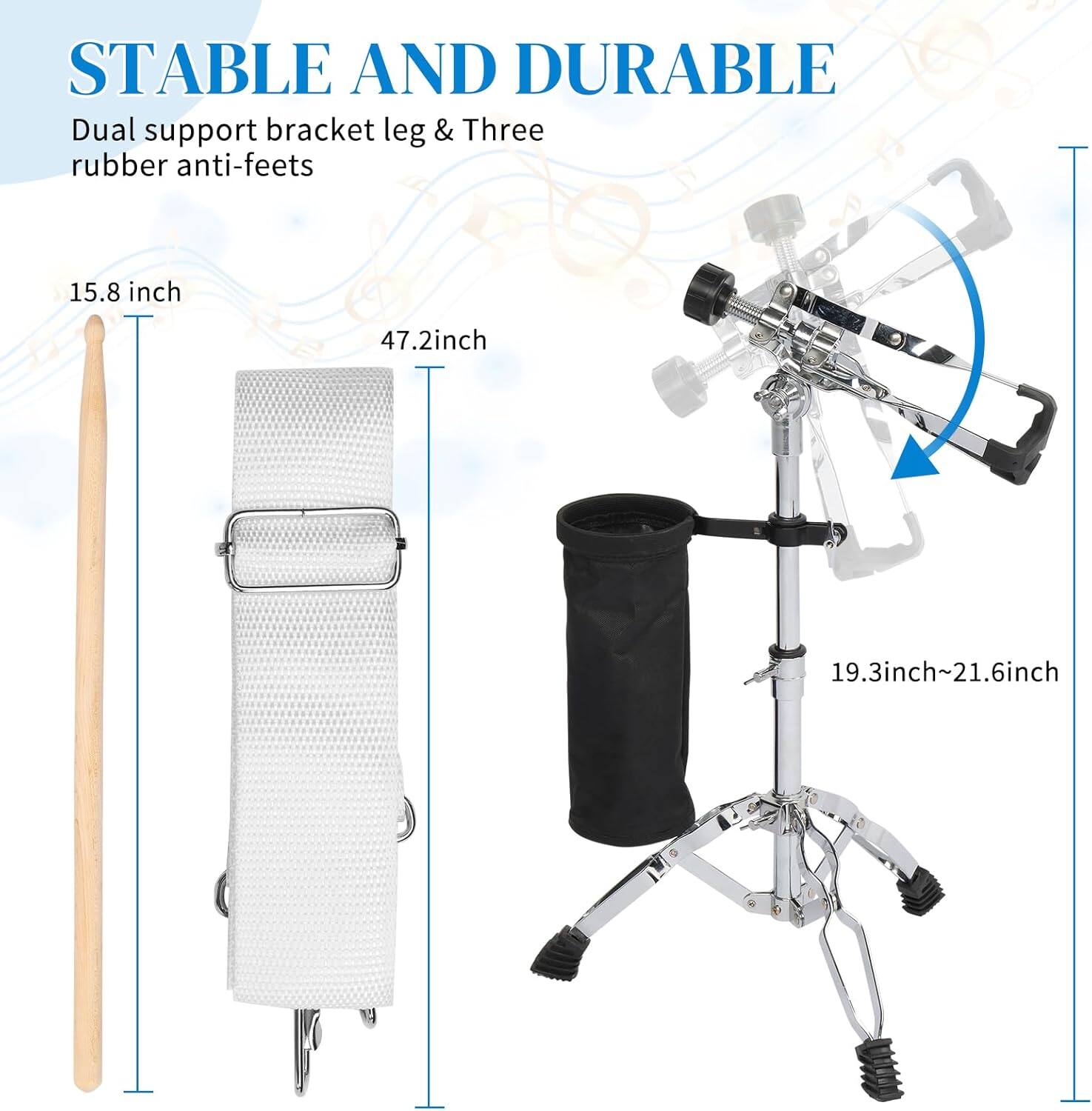 STABLE AND DURABLE  
Dual support bracket leg & Three rubber anti-feets  

15.8 inch  
47.2 inch  
19.3 inch~21.6 inch