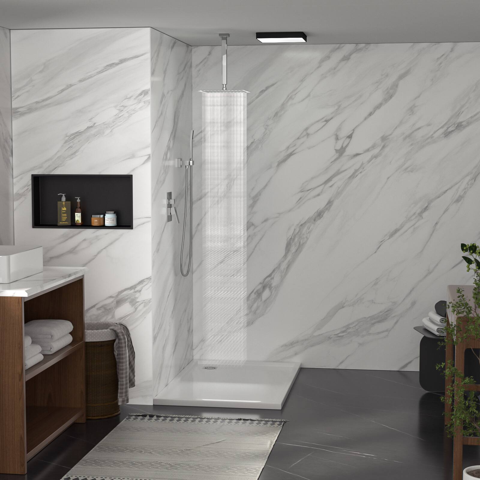 Angle. Lordear - Dual Shower Head - 10 Inch Ceiling Mount Square Shower System with Rough-in Valve,Chrome - Chrome.