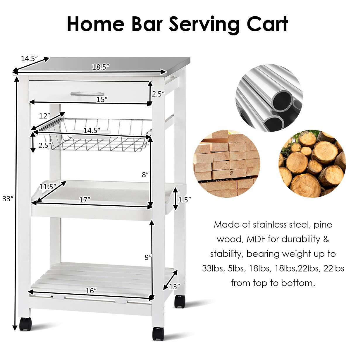 Home Bar Serving Cart 14.5" 18.5" 15" 2.5" 12" 14.5" 2.5" 33" 11.5" 17" 8" 1.5" 16" 9" 13" Made of stainless steel, pine wood, MDF for durability & stability, bearing weight up to 33lbs, 5lbs, 18lbs, 18lbs, 22lbs, 22lbs from top to bottom.