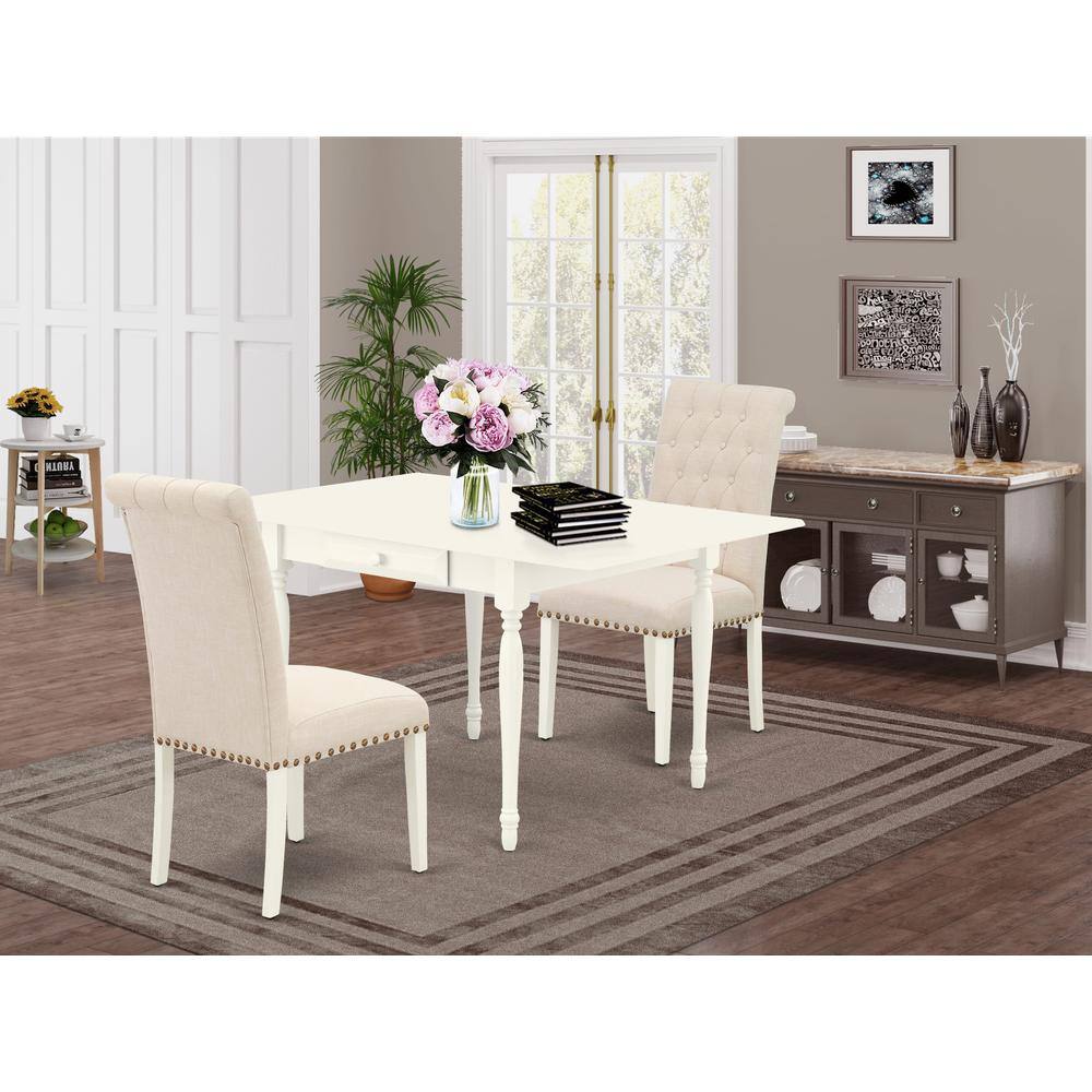 Alt View 4. East West Furniture - 1MZBR3-LWH-02 3Pc Dining Table Set Contains a Kitchen Table and 2 Parsons Chairs with Light Beige Color Linen Fabric - Linen White.