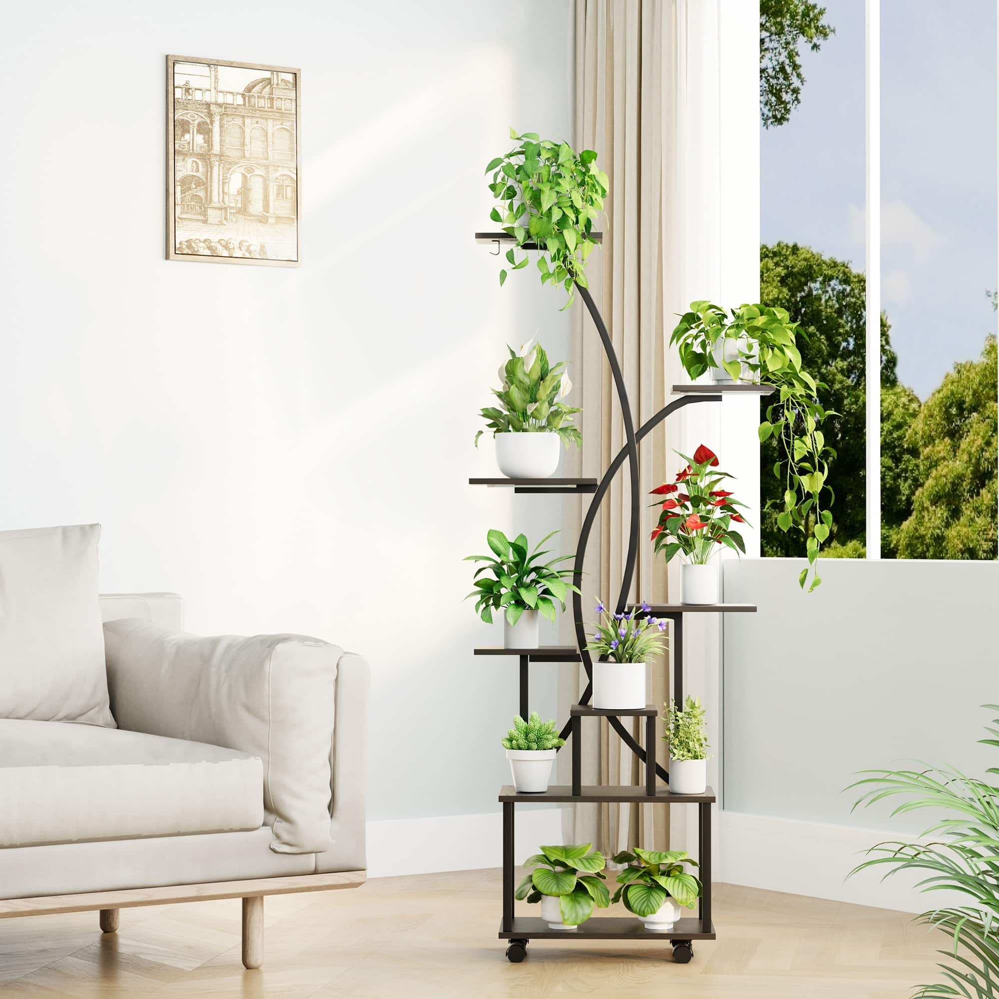 Front. U-HOMY - 8-Tier Tall Metal Plant Stand with Grow Lights, Rolling Indoor Plant Shelf with Wheels for Small Spaces - Brown.