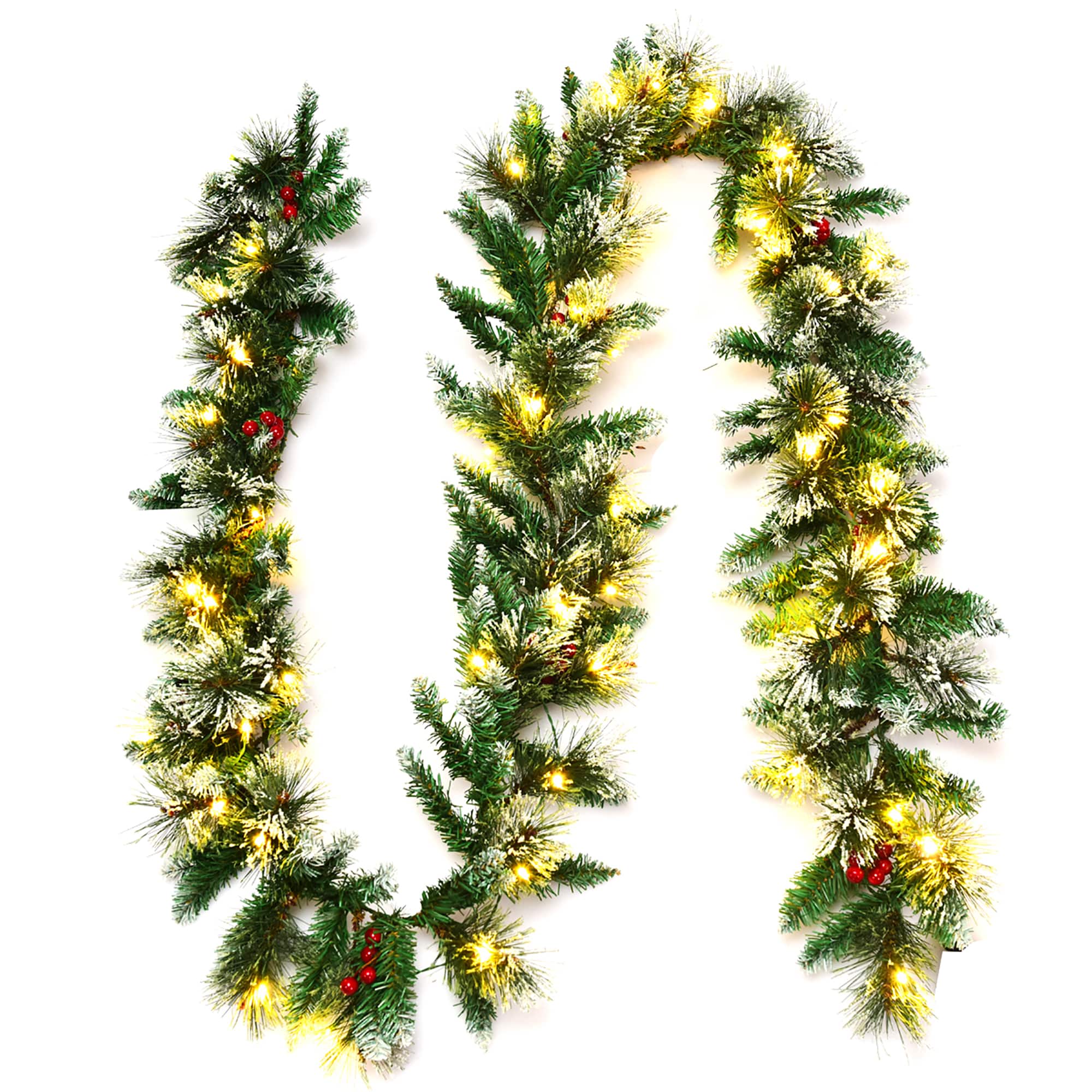 Front. Costway - 9ft Pre-lit Christmas Garland w/ Snow Flocked Tips Red Berries 50 Lights & Timer - Green.
