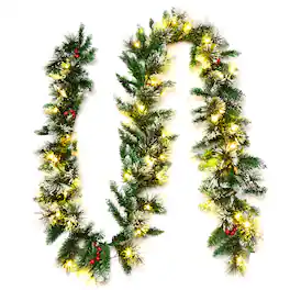 Costway - 9ft Pre-lit Christmas Garland w/ Snow Flocked Tips Red Berries 50 Lights & Timer - Green