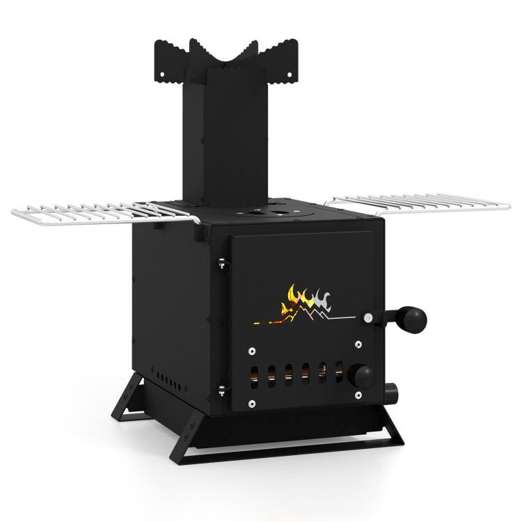 Left. Mondawe - Portable Wood Burning Stove Mini Heater Burner with Pot Rack Oven Pan - Black.