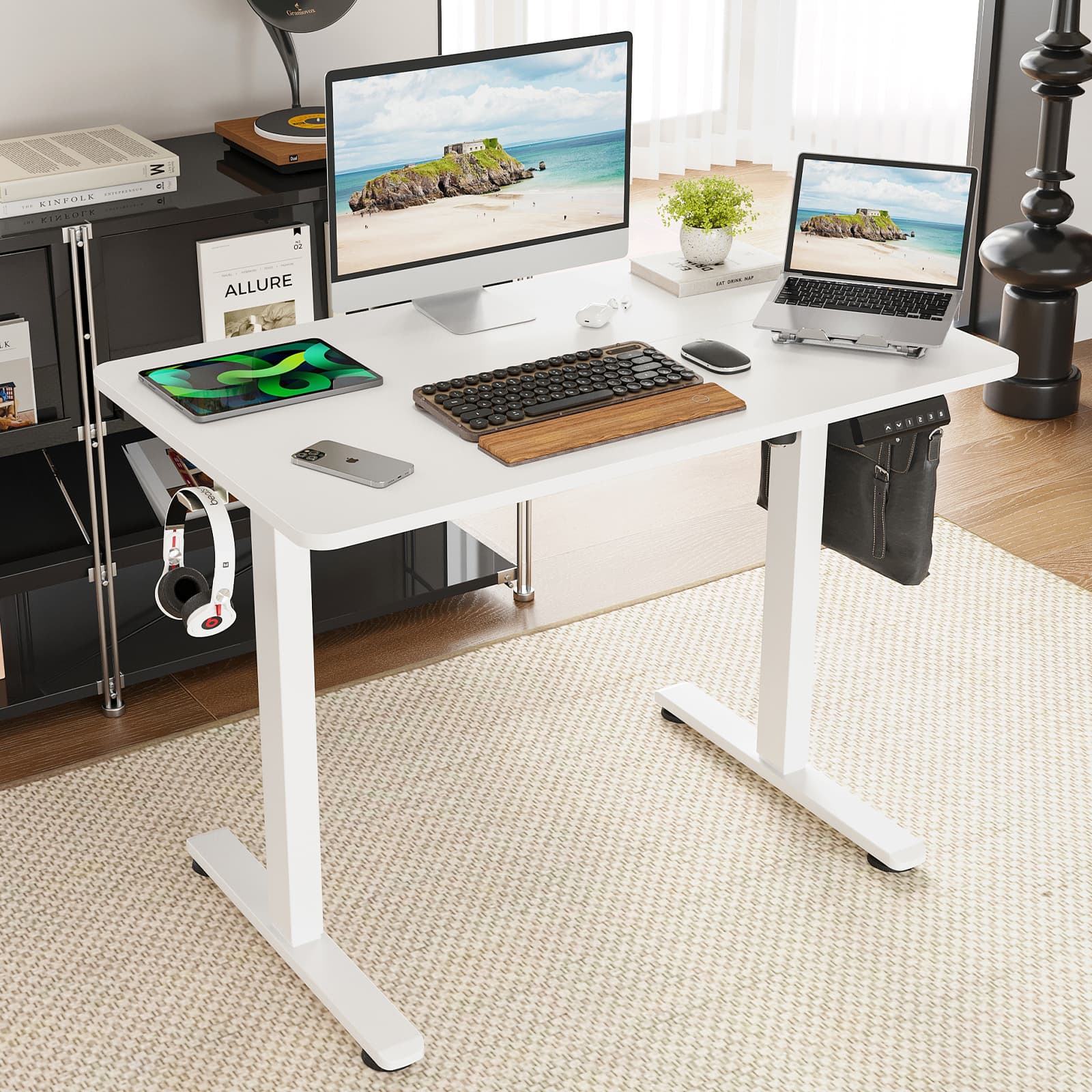 Aukfa - Original Electric Standing Desk Adjustable Height Sit Stand Home Office Desk with Splice Board - White