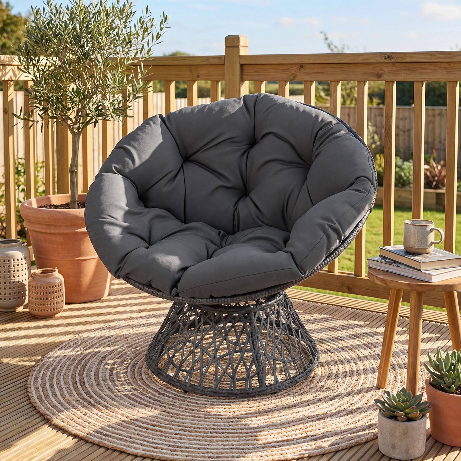 Alt View 4. Gymax - Gymax 360-DegreeSwivel Papasan Chair Round Wicker Lounge Chair w/Thick Cushion&Metal Frame Gray - Grey.