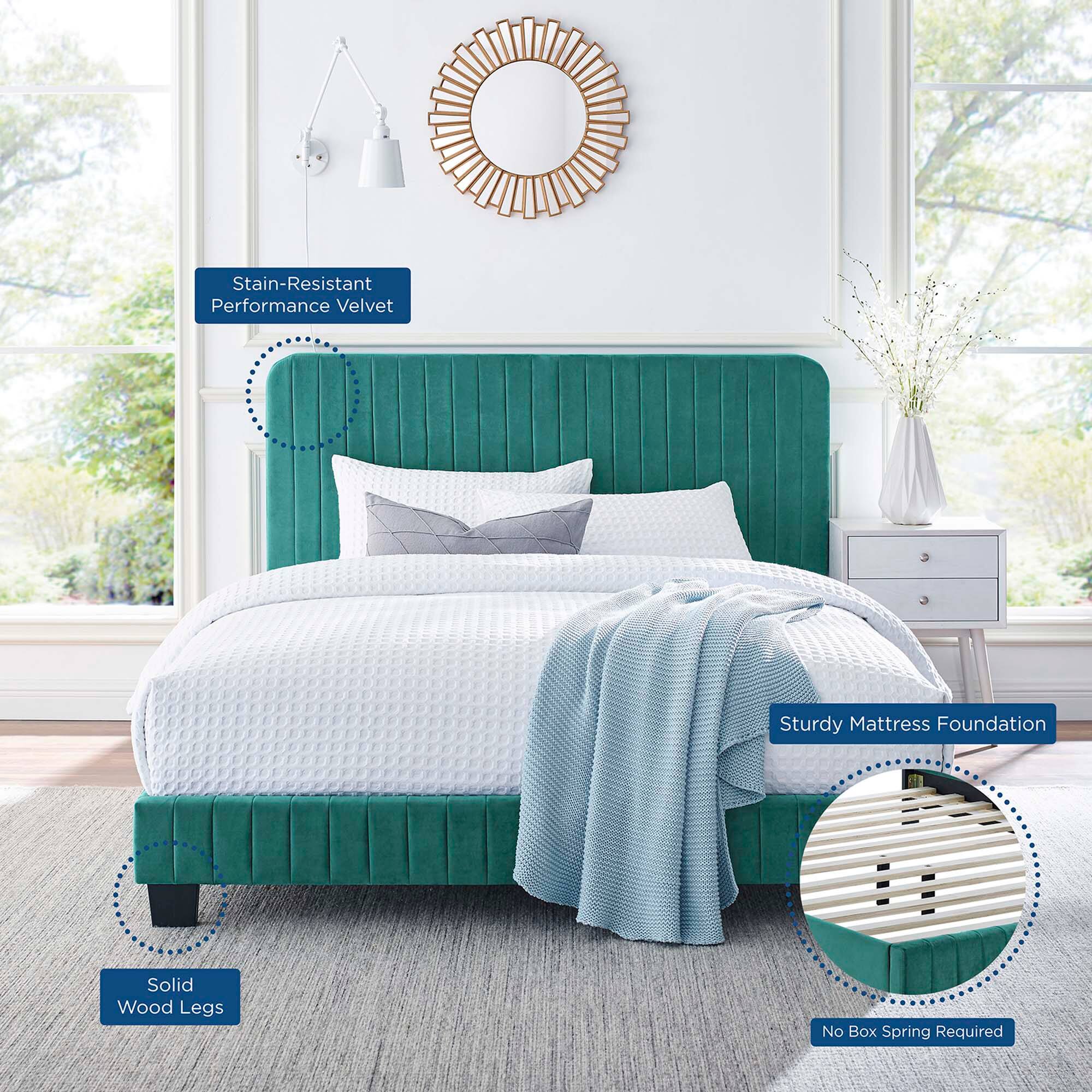 - Stain-Resistant Performance Velvet
- Solid Wood Legs
- Sturdy Mattress Foundation
- No Box Spring Required