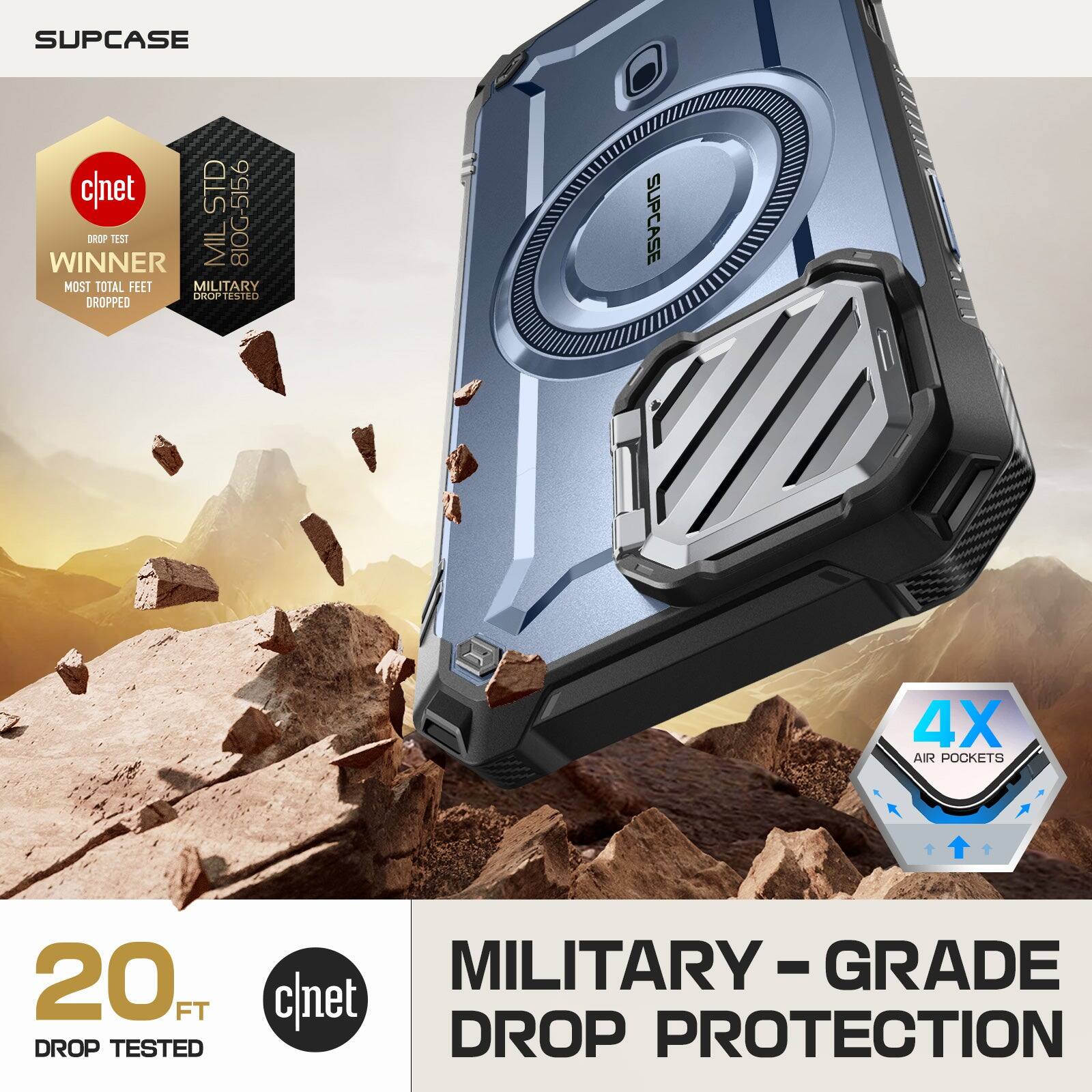SUPCASE c/net STD 810G-515.6 OROP TEST WINNER MIL MOST TOTAL FEET MILITARY OROP TESTED 20 FT DROP TESTED MILITARY-GRADE c/net DROP PROTECTION 4X AIR POCKETS