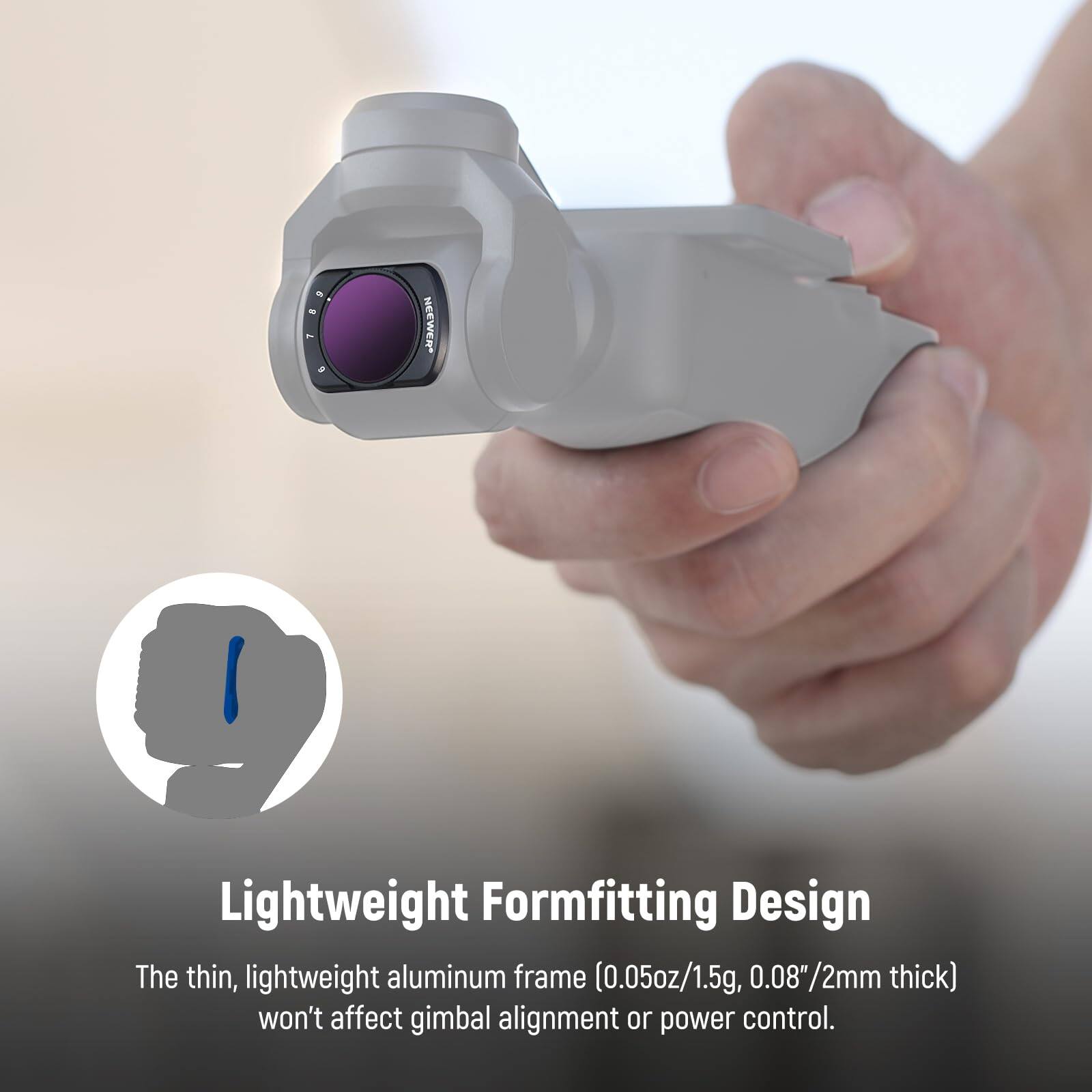 - Lightweight Formfitting Design
- The thin, lightweight aluminum frame (0.05oz/1.5g, 0.08"/2mm thick) won't affect gimbal alignment or power control.