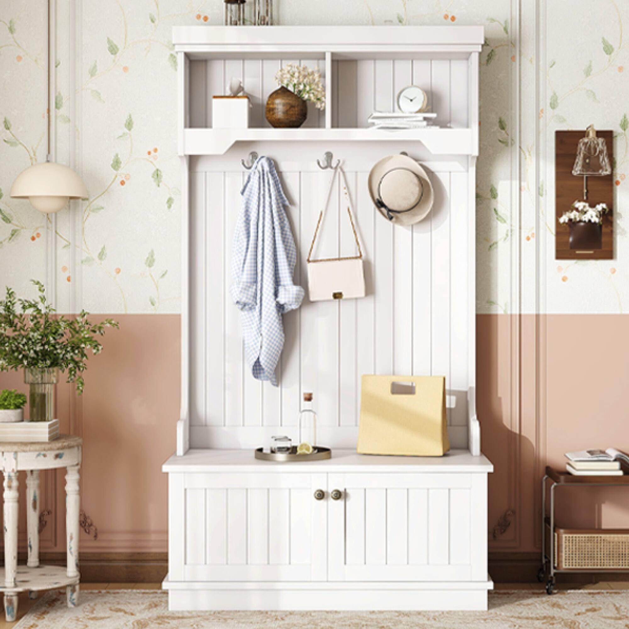 Alt View 10. GOODSILO - Multifunctional Entryway Hall Tree with Coat Racks Shoe Bench Storage Cabinet and Display Shelf - White.