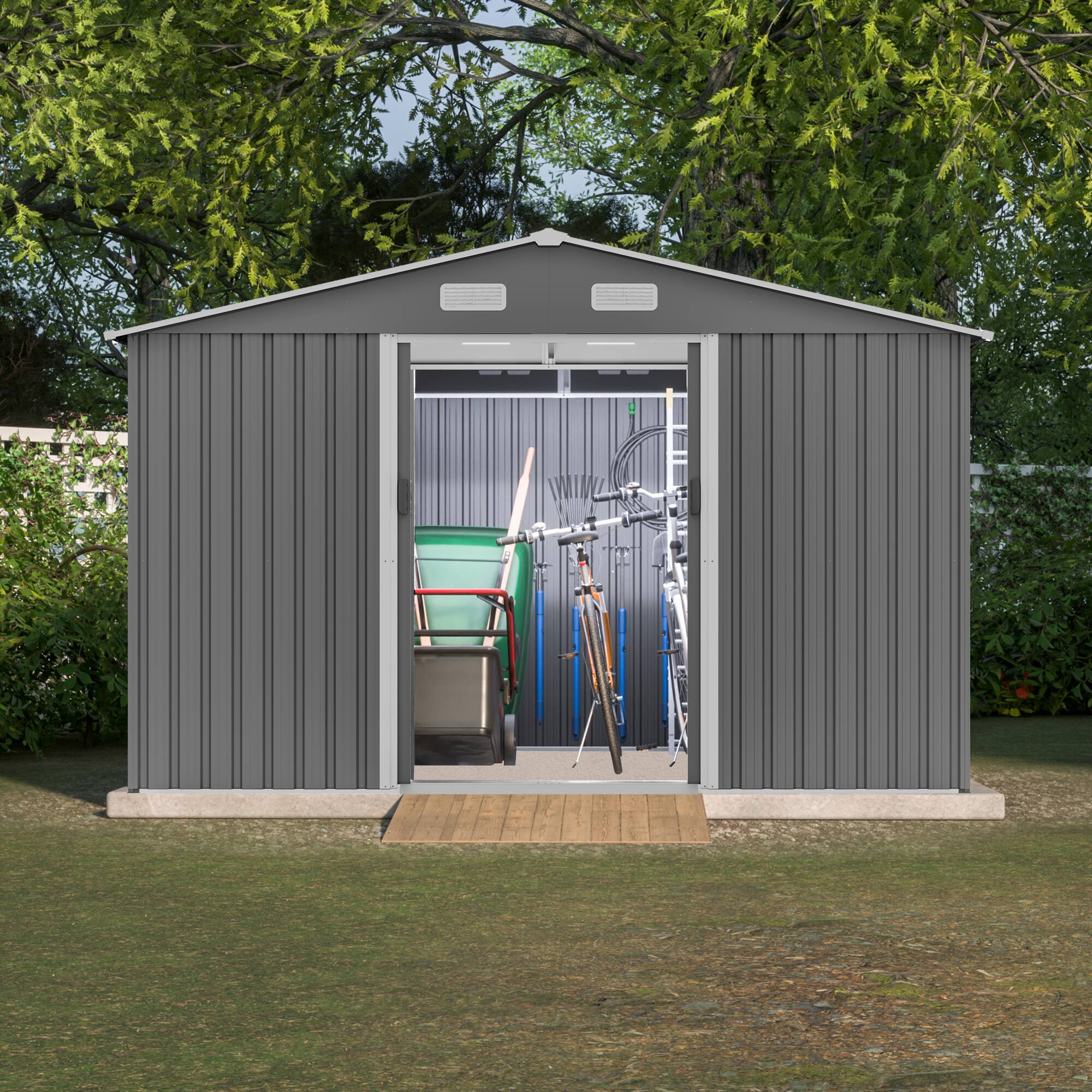 Back. Mondawe - 10X8 FT Outdoor Storage Shed with Lockable Doors - Gray.