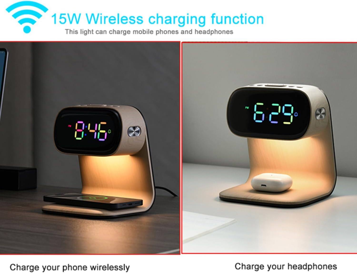15W Wireless charging function  
This light can charge mobile phones and headphones  

Charge your phone wirelessly  

Charge your headphones