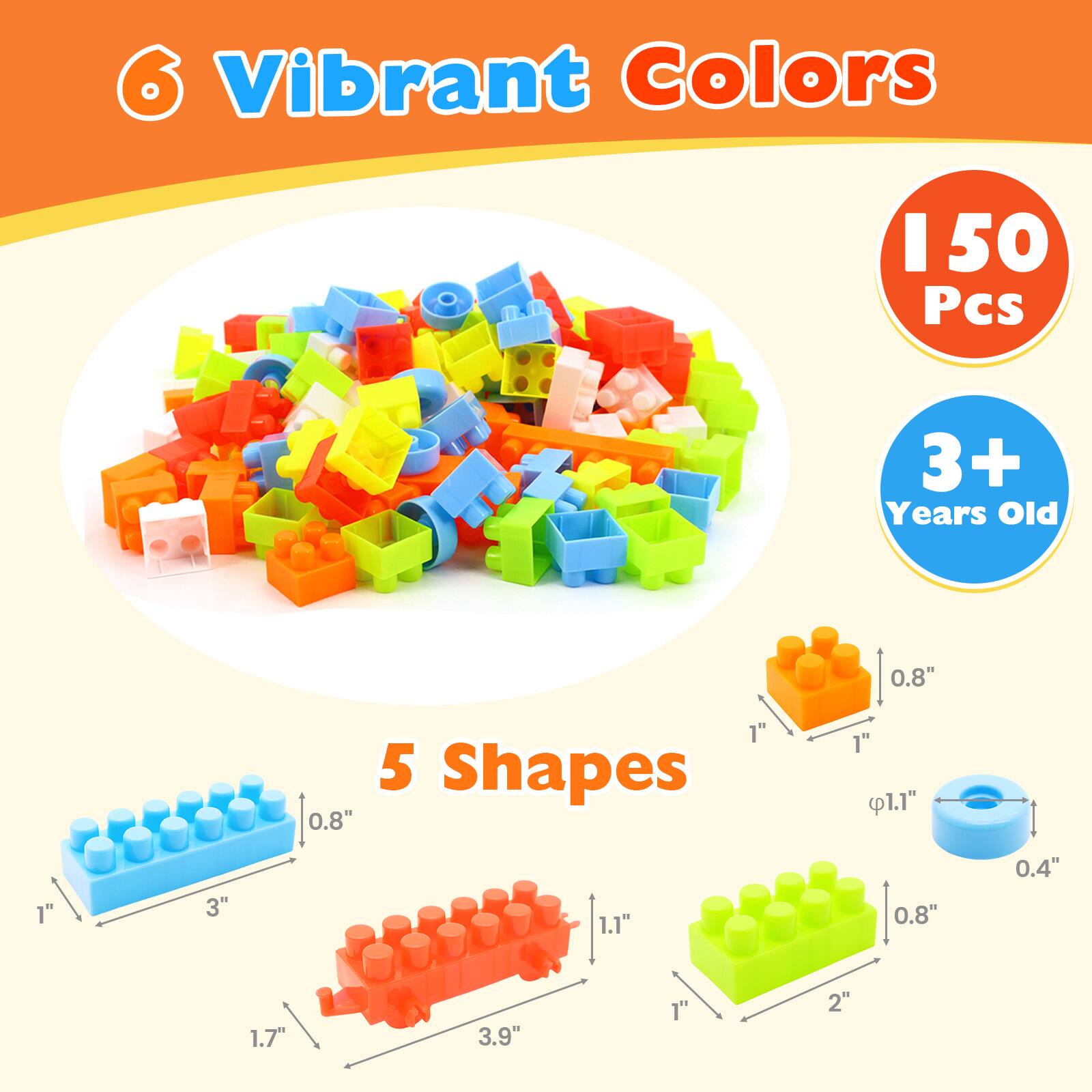 6 Vibrant Colors  
150 Pcs  
3+ Years Old  
5 Shapes  

Dimensions:  
- 0.8" x 0.8" x 1"  
- 1" x 1" x 1.1"  
- 1" x 1" x 1.7"  
- 1" x 1" x 3"  
- 0.8" x 0.8" x 3.9"  
- 1" x 1" x 2"
