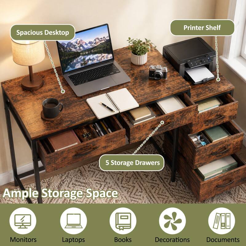 Spacious Desktop  
Printer Shelf  
5 Storage Drawers  
Ample Storage Space  
Monitors  
Laptops  
Books  
Decorations  
Documents
