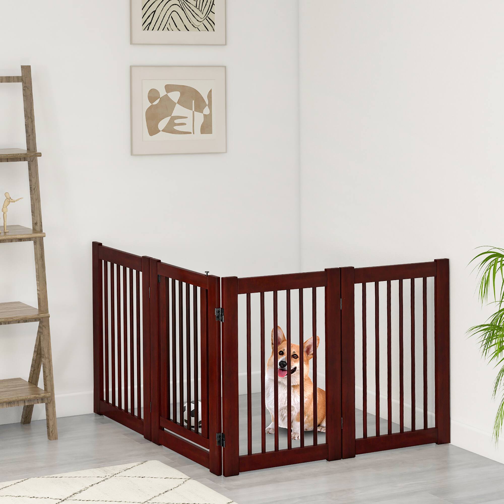 Alt View 3. Gymax - Gymax Freestanding Pet Gate 30'' Tall 4-Panel Wooden Dog Fence Solid Wood Foldable.