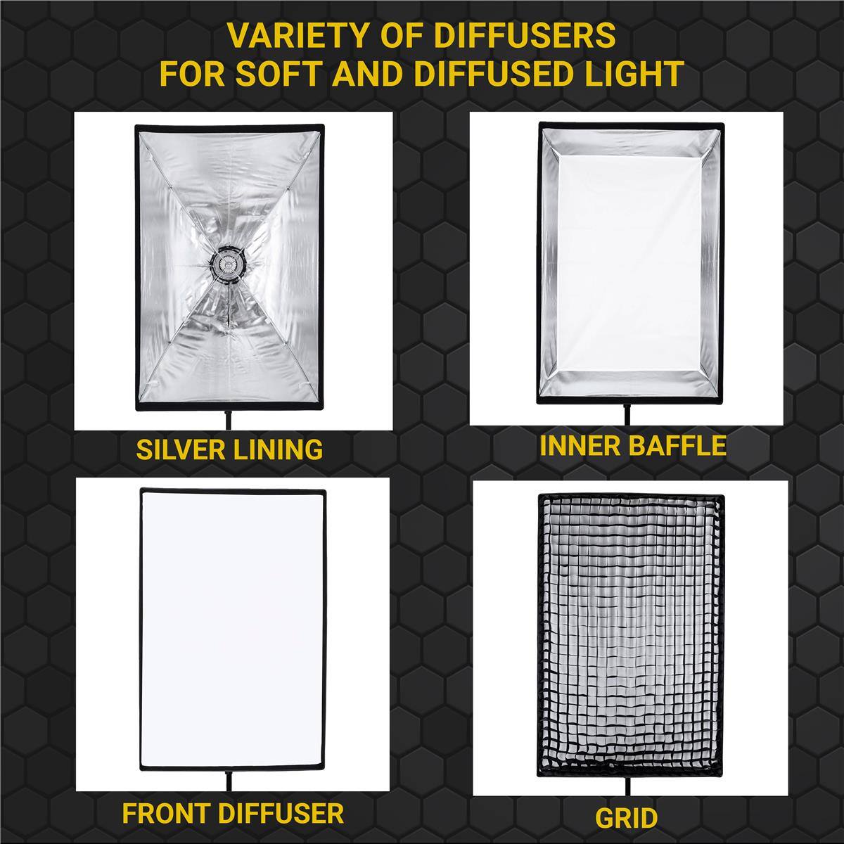 VARIETY OF DIFFUSERS FOR SOFT AND DIFFUSED LIGHT

- SILVER LINING
- INNER BAFBLE
- FRONT DIFFUSER
- GRID