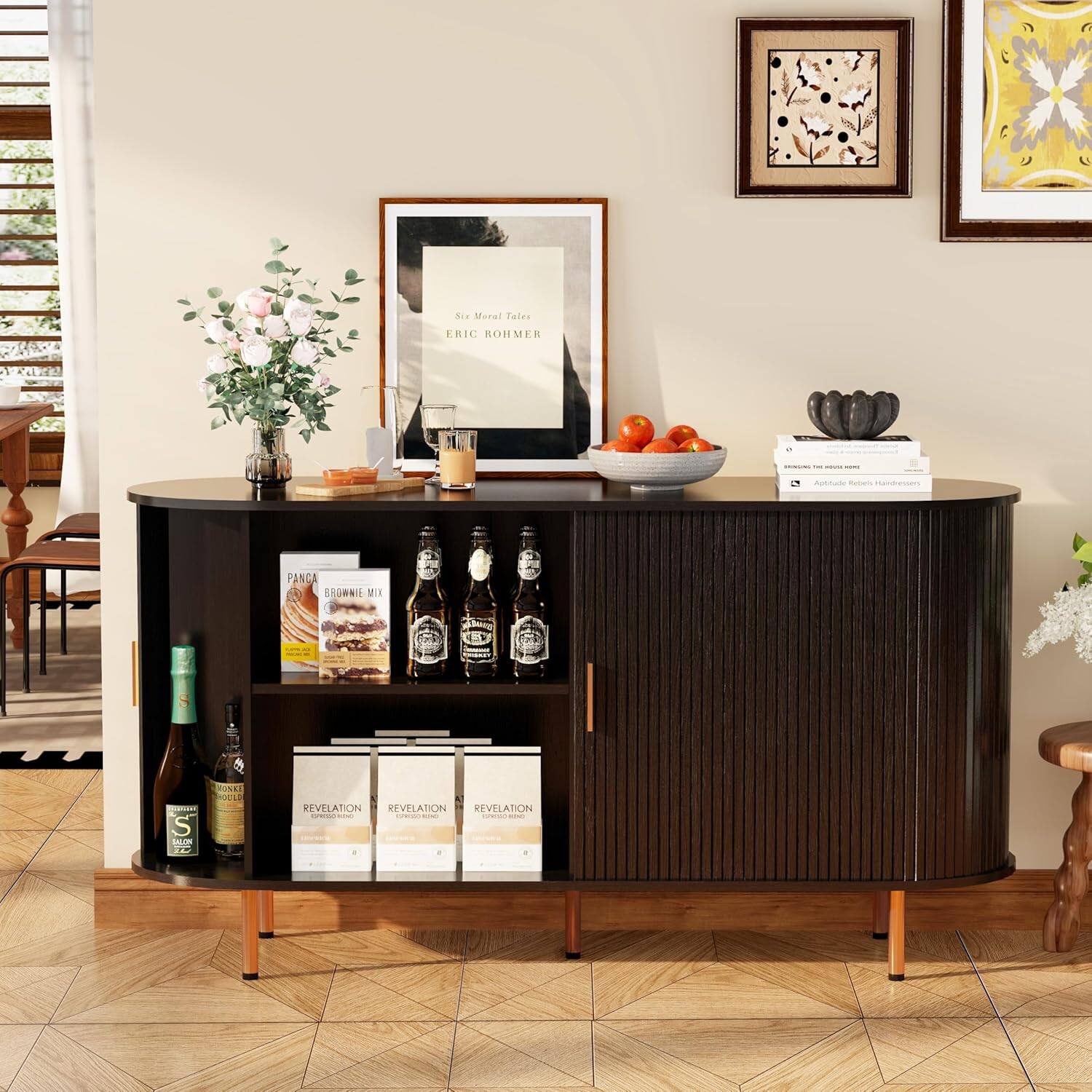 Sure, here is the corrected and grouped text from the image:

---

**Top Shelf:**

- "Six Moral Tales"
- "ERIC ROHMER"

**Middle Shelf:**

- "PANCAKE BROWNIE MIX"
- "REVELATION"
- "REVELATION"
- "REVELATION"

**Bottom Shelf:**

- "PANCAKE BROWNIE MIX"
- "REVELATION"
- "REVELATION"
- "REVELATION"

**Books:**

- "BRINGING THE HOME"
- "Aptitud Relatieve Huisvesters"

**Bottles:**

- "SALON"
- "BROWNIE MIX"

---