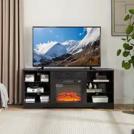 Whisen - 3D Fireplace TV Stand Tabletop, LED Lights Console with USB Charging & Glass Shelves for 65" TV - Black