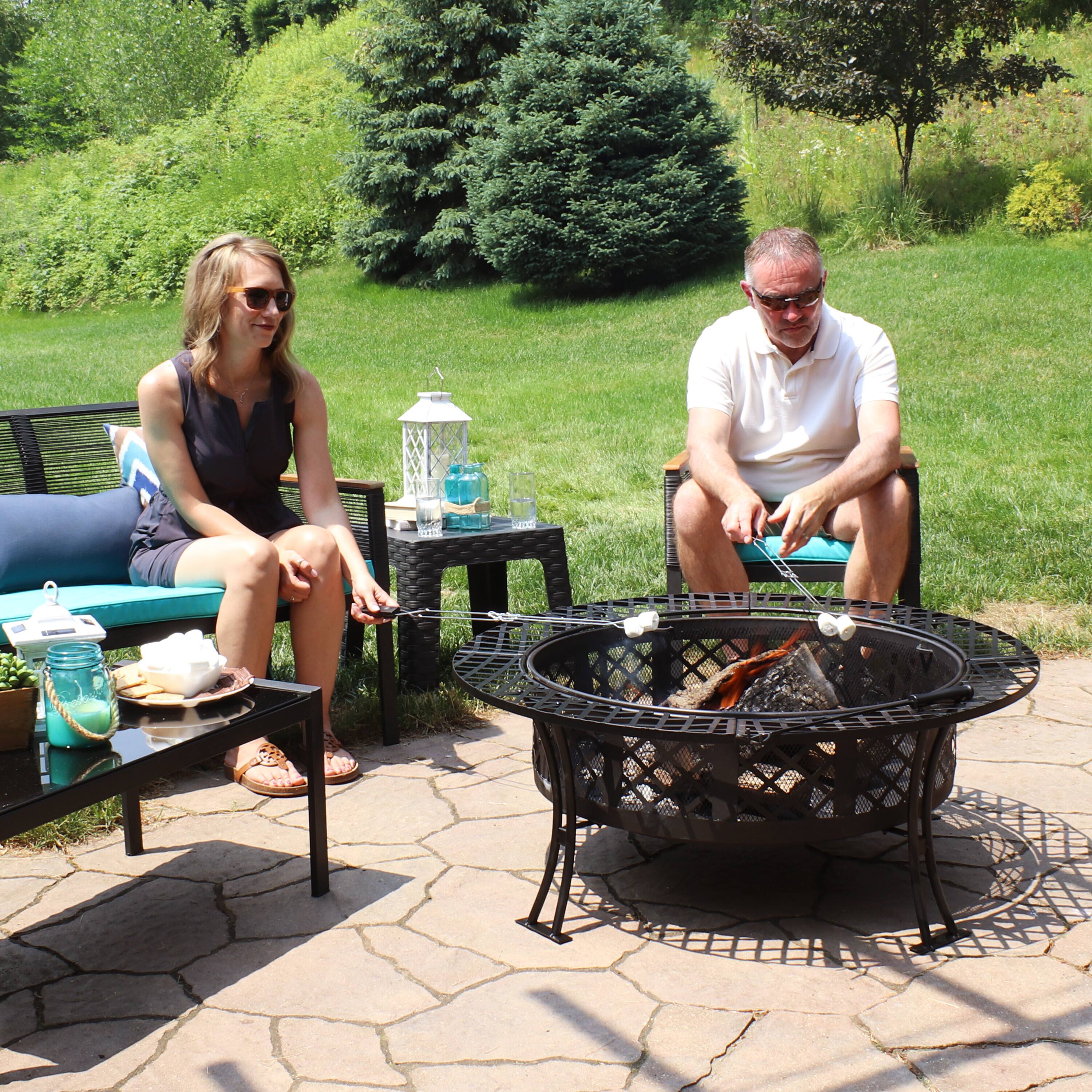 Alt View 9. Sunnydaze - 40 in Diamond Weave Steel Fire Pit with Spark Screen and Poker - Black.