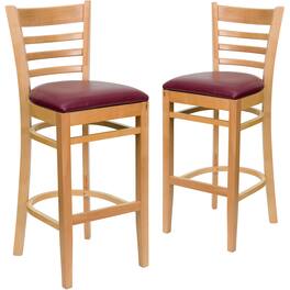 Emma + Oliver - Bar Stools | Set of 2 Wood Bar Stools with Back - Burgundy Vinyl Seat/Natural Wood Frame