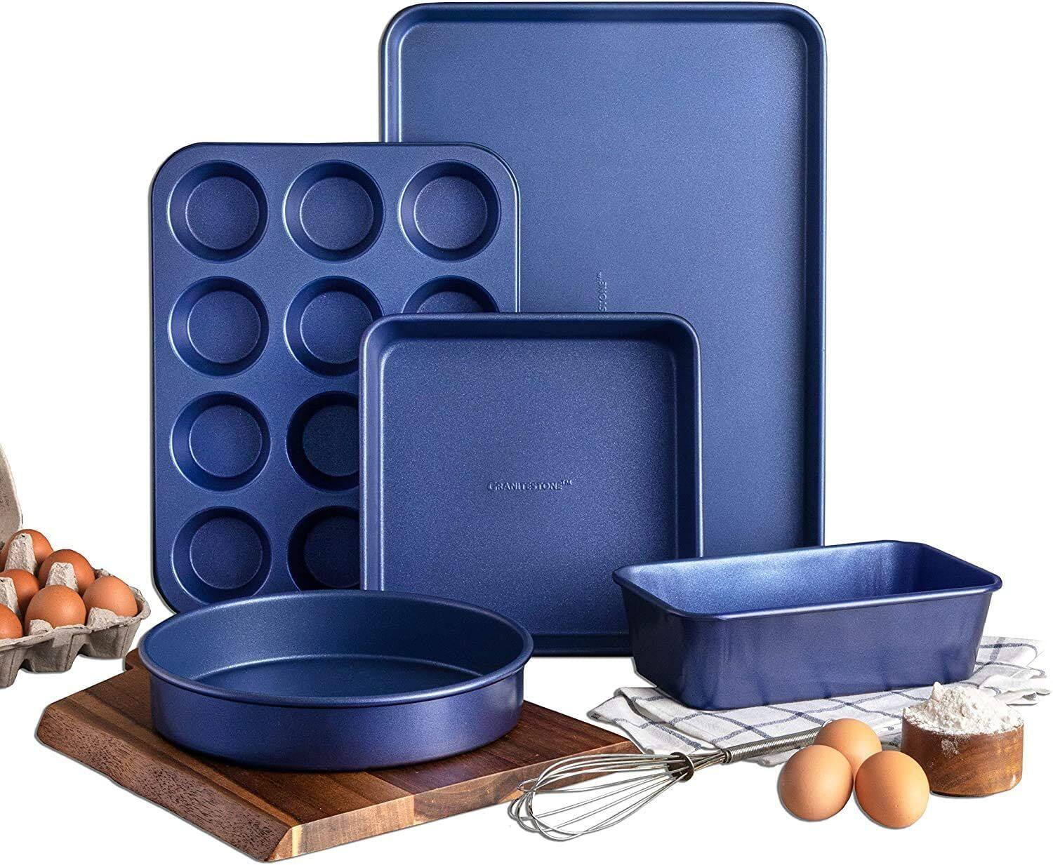 Angle. Granitestone - 15-Piece Non Stick Aluminum Cookware Set - Blue.