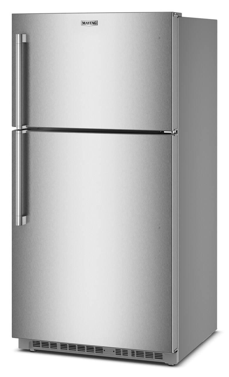 Left. Maytag - 21 Cu. Ft. Top-Freezer Refrigerator with Factory-Installed Ice Maker - Fingerprint-Resistant Stainless Finish.