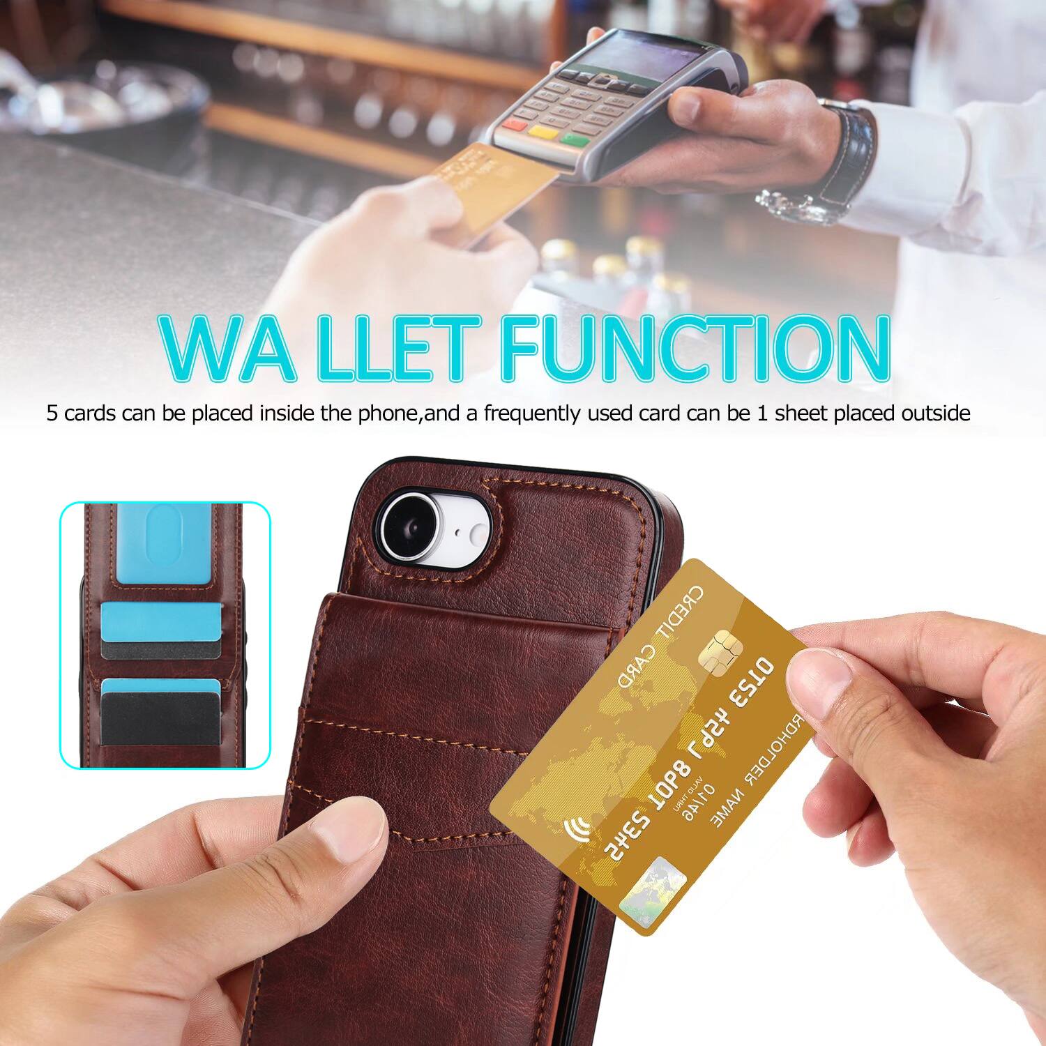 WA LLET FUNCTION  
5 cards can be placed inside the phone, and a frequently used card can be 1 sheet placed outside  
CREDIT CARD HOLDER  
LAHT ANTID NAME