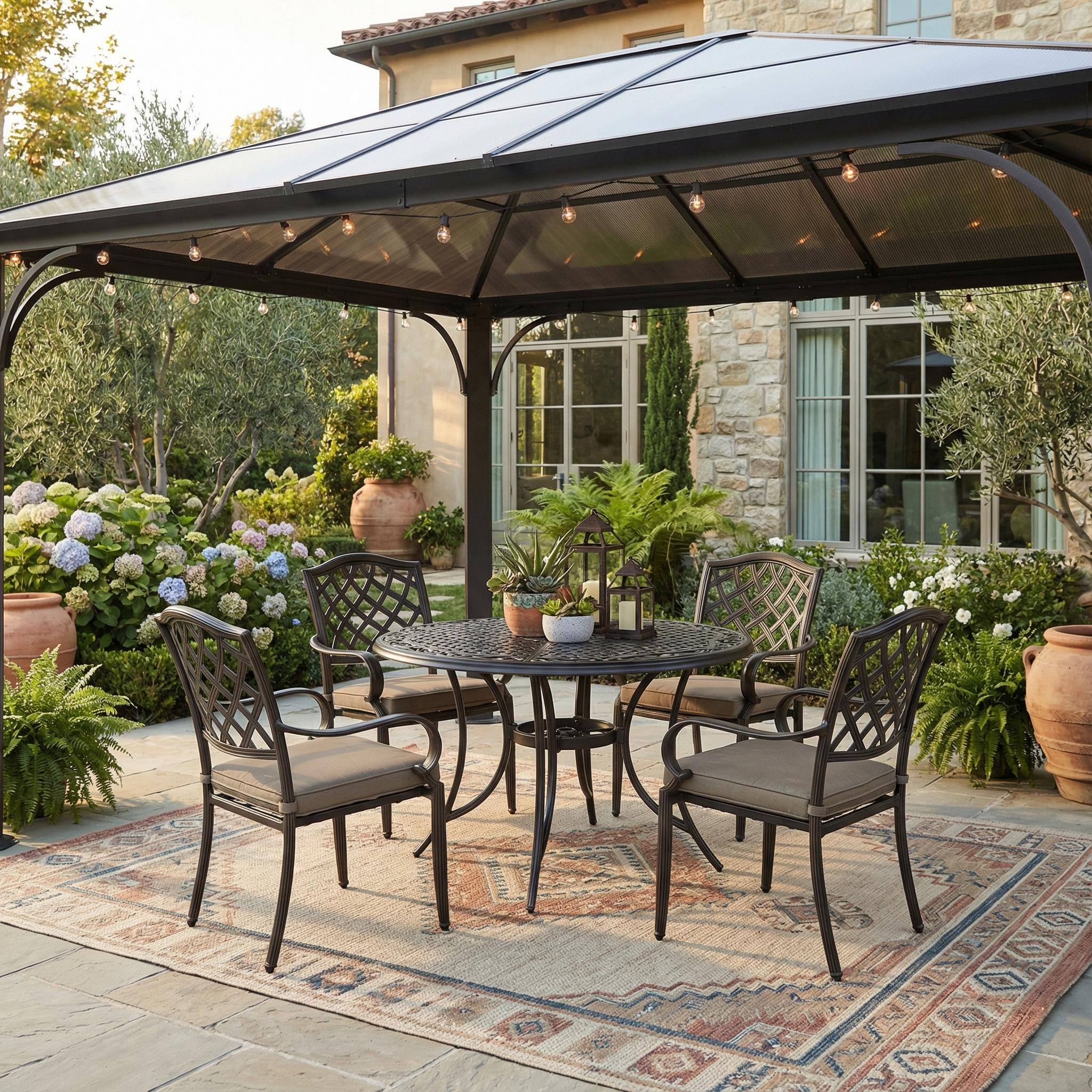 Left. Mondawe - 5-Piece Outdoor Cast Aluminum Dining Set with Round Umbrella Hole Table and Cushioned Chairs - Bronze+Grey.