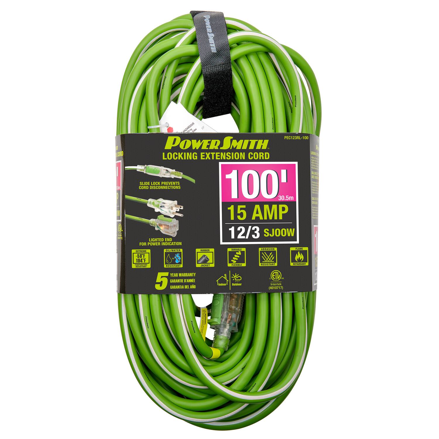 POWER SMITH LOCKING EXTENSION CORD  
100' - 30.5m  
15 AMP  
12/3 SJOW  
LIGHTED END FOR POWER INDICATION  
SLIDE LOCK PREVENTS CORD DISCONNECTIONS  
5 YEAR WARRANTY  
CARBONATE DE KI
