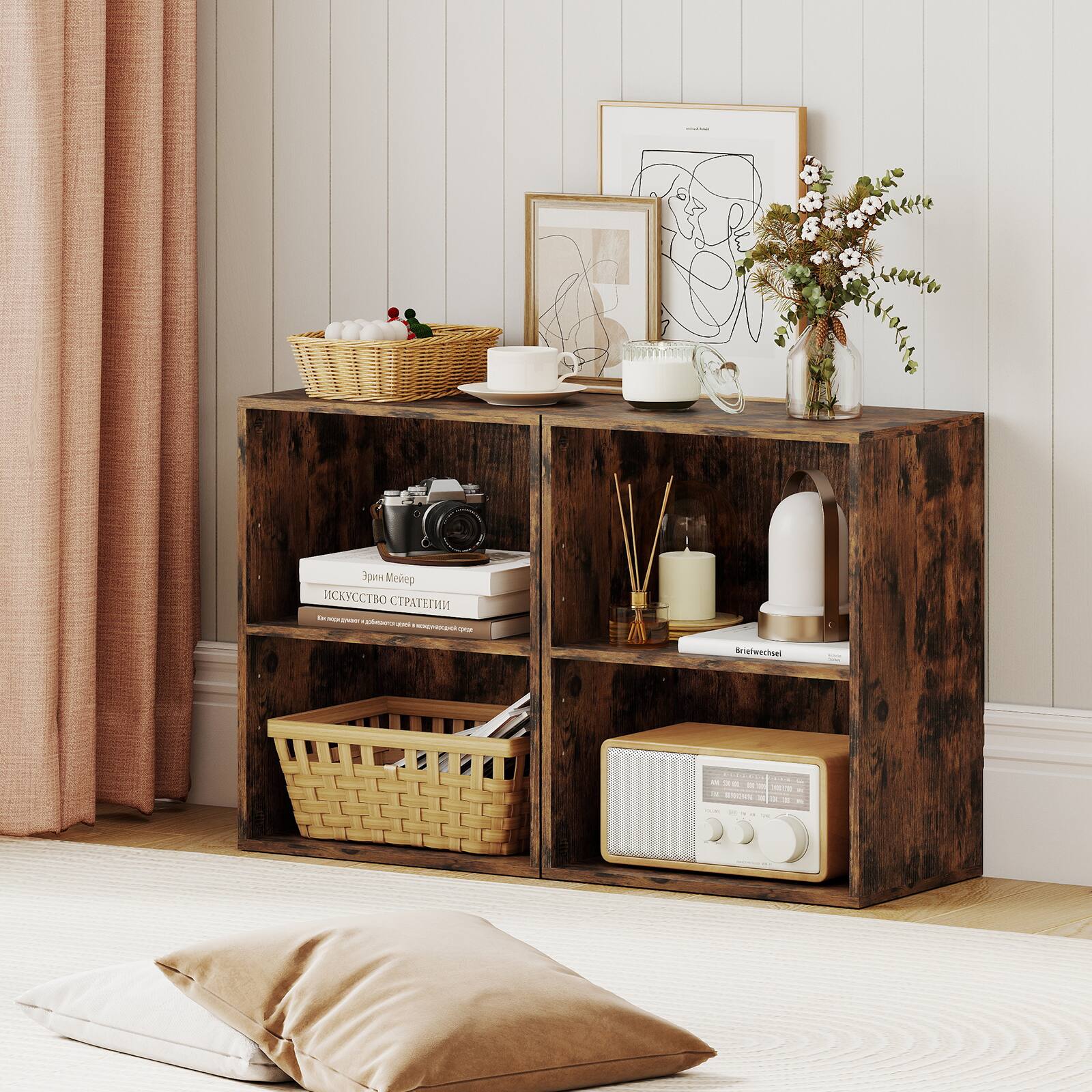 Alt View 1. Gymax - Gymax 2PCS 2-Cube Bookcase w/ 5-Position Adjustable Shelf Anti-Toppling Kits for Study Rustic Brown - Brown.