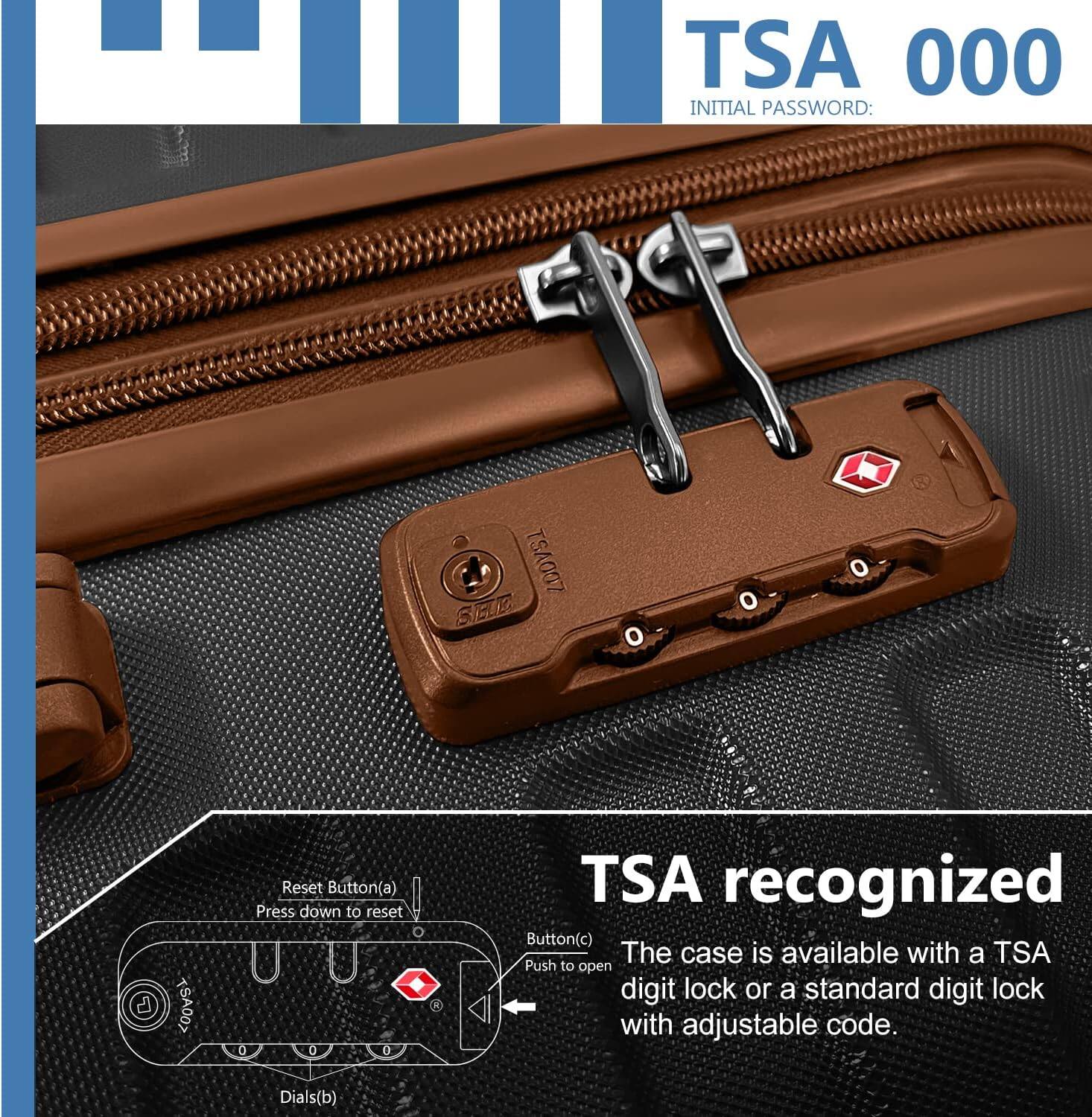 TSA 000  
INITIAL PASSWORD: TSA007  

TSA recognized  
The case is available with a TSA Push to open digit lock or a standard digit lock with adjustable code.  

Reset Button(a)  
Press down to reset  

Button(c)  
Push to open  

Dials(b)