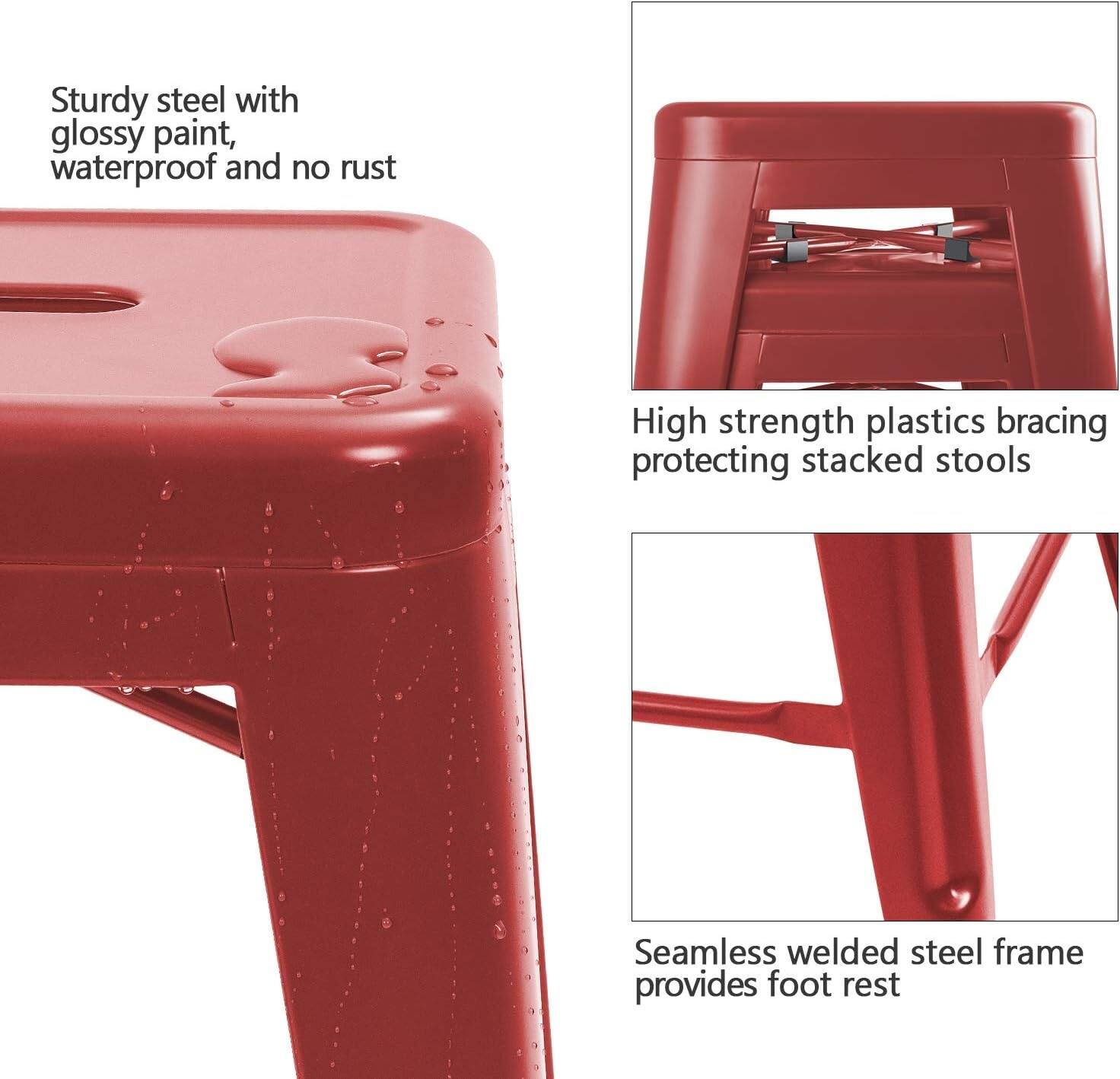 Sturdy steel with glossy paint, waterproof and no rust

High strength plastics bracing protecting stacked stools

Seamless welded steel frame provides foot rest