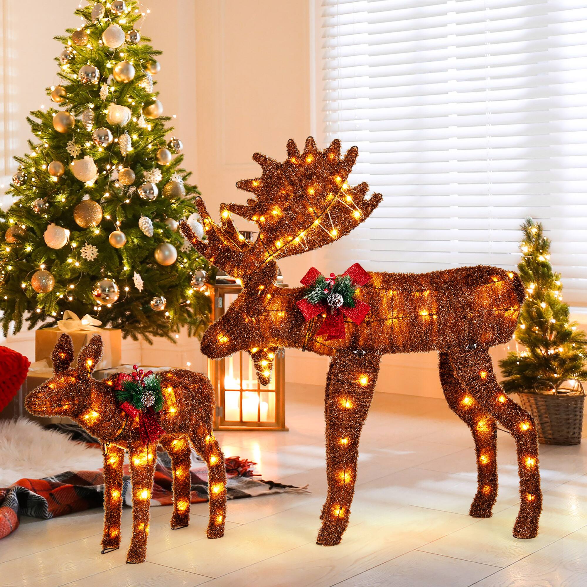 Alt View 1. Gymax - Gymax 2 PCS Lighted Moose Family Light-up Xmas Deer Decorations w/ 170 LED Lights - Brown.