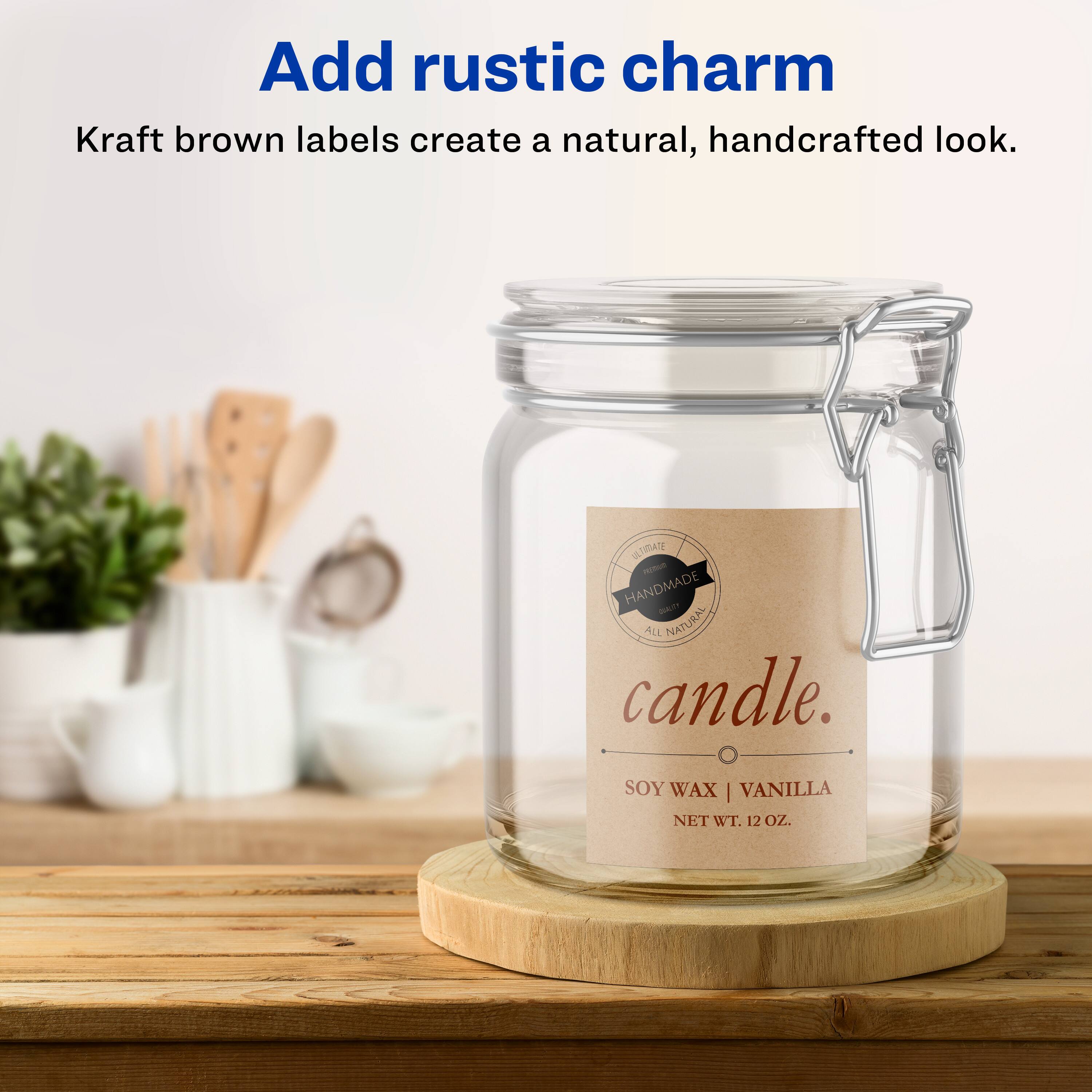 Add rustic charm  
Kraft brown labels create a natural, handcrafted look.  

ILOBAN S Hm HANDMADE 2T AIL NATURAL candle.  
SOY WAX | VANILLA NET WT. 12 OZ.