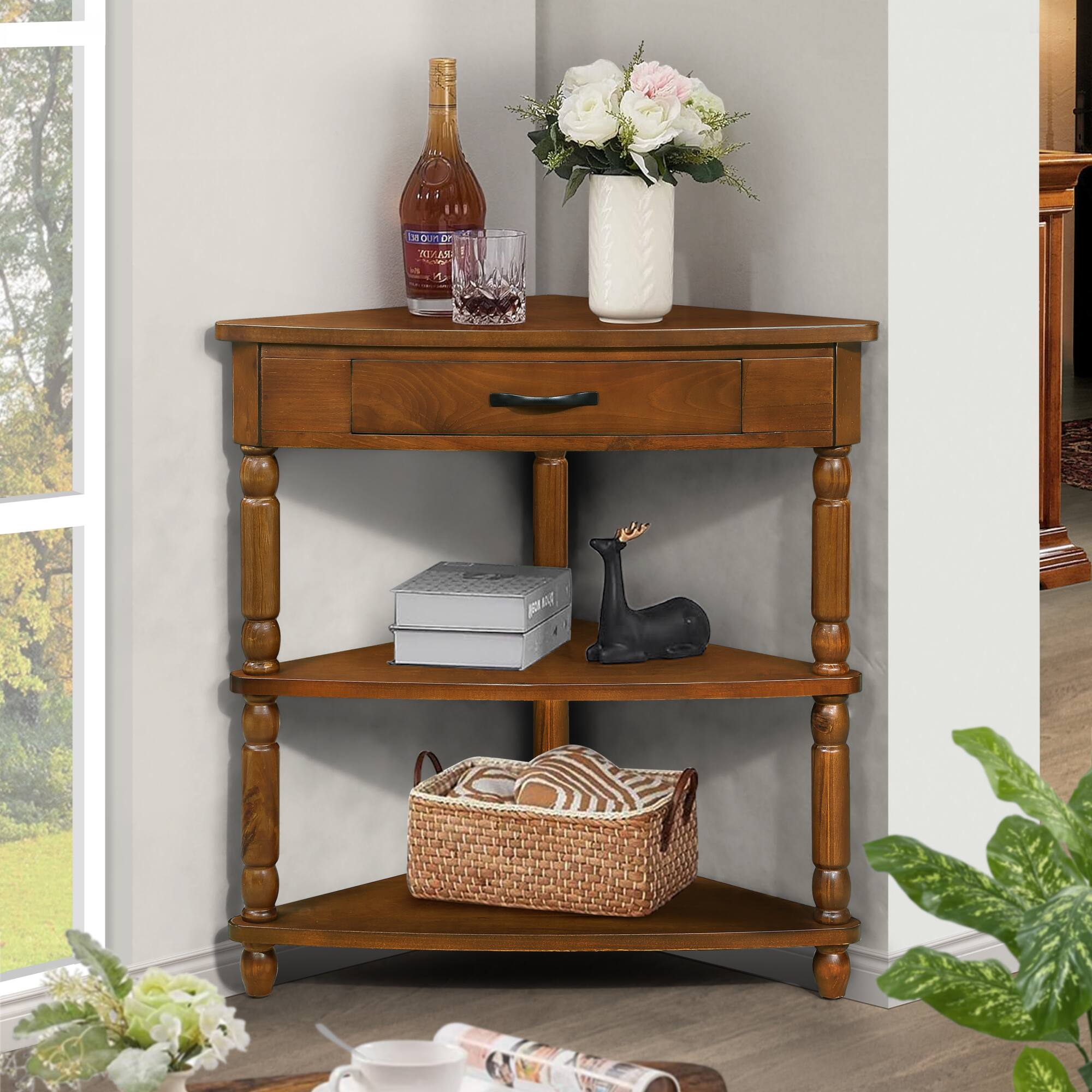 Angle. GOODSILO - Compact Triangular Corner Table with Three Tiers for Space-Saving Storage and Display - Brown.