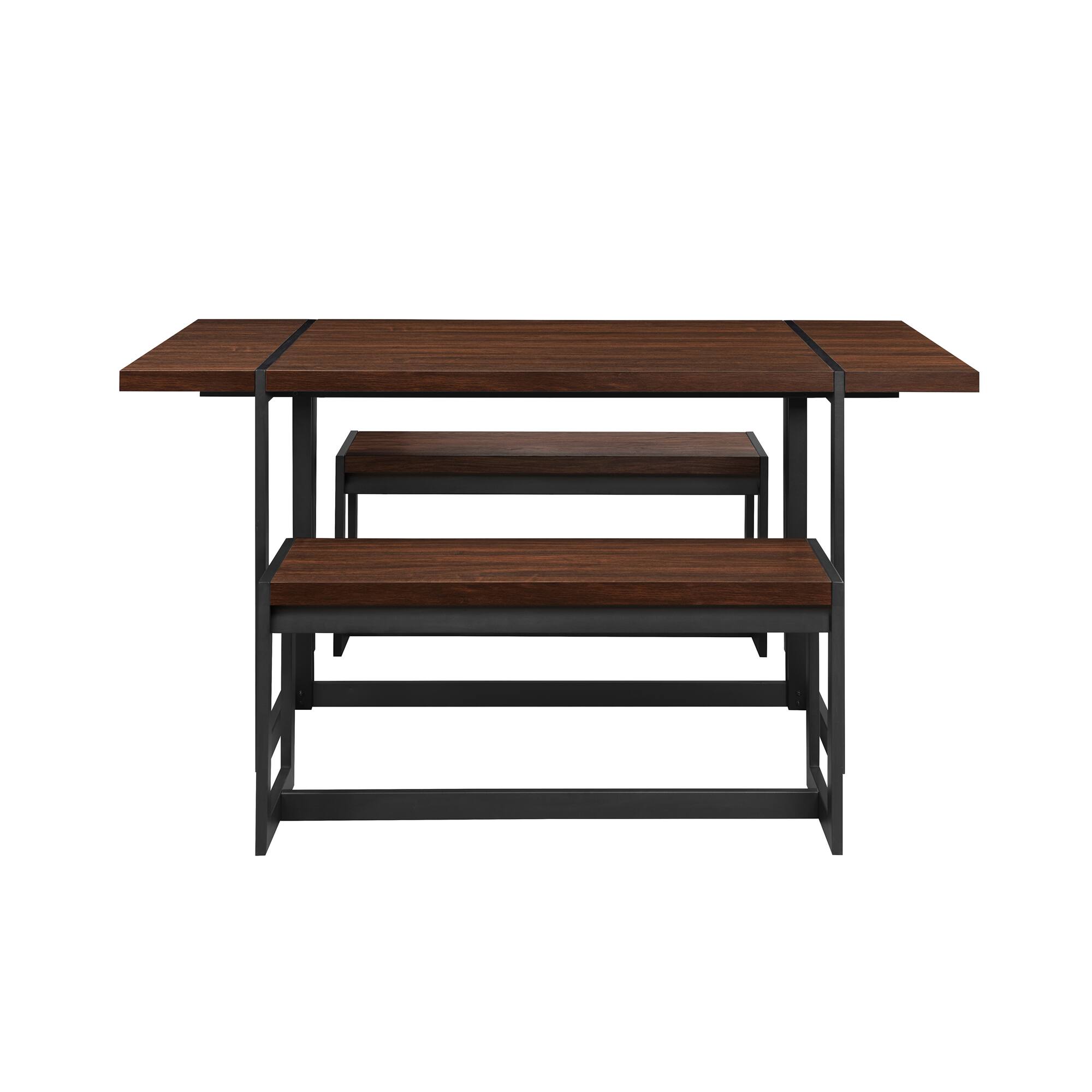 Front. Walker Edison - Industrial Dining Set with 2 Benches - Dark Walnut.