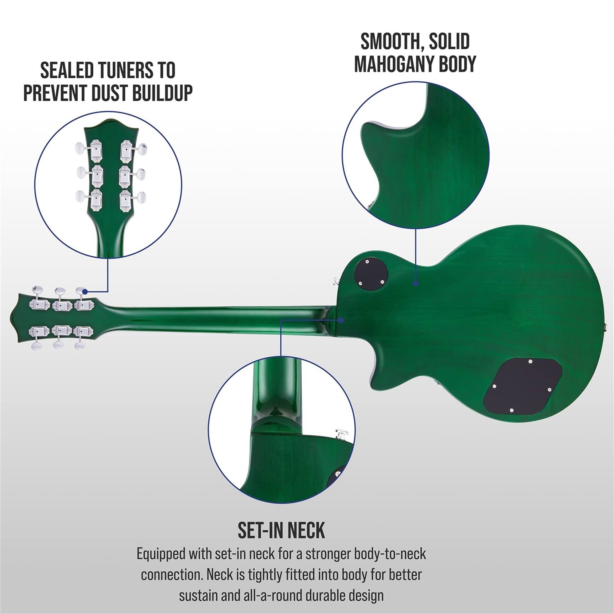 SEALED TUNERS TO PREVENT DUST BUILDUP
SMOOTH, SOLID MAHOGANY BODY
SET-IN NECK Equipped with set-in neck for a stronger body-to-neck connection. Neck is tightly fitted into body for better sustain and all-a-round durable design