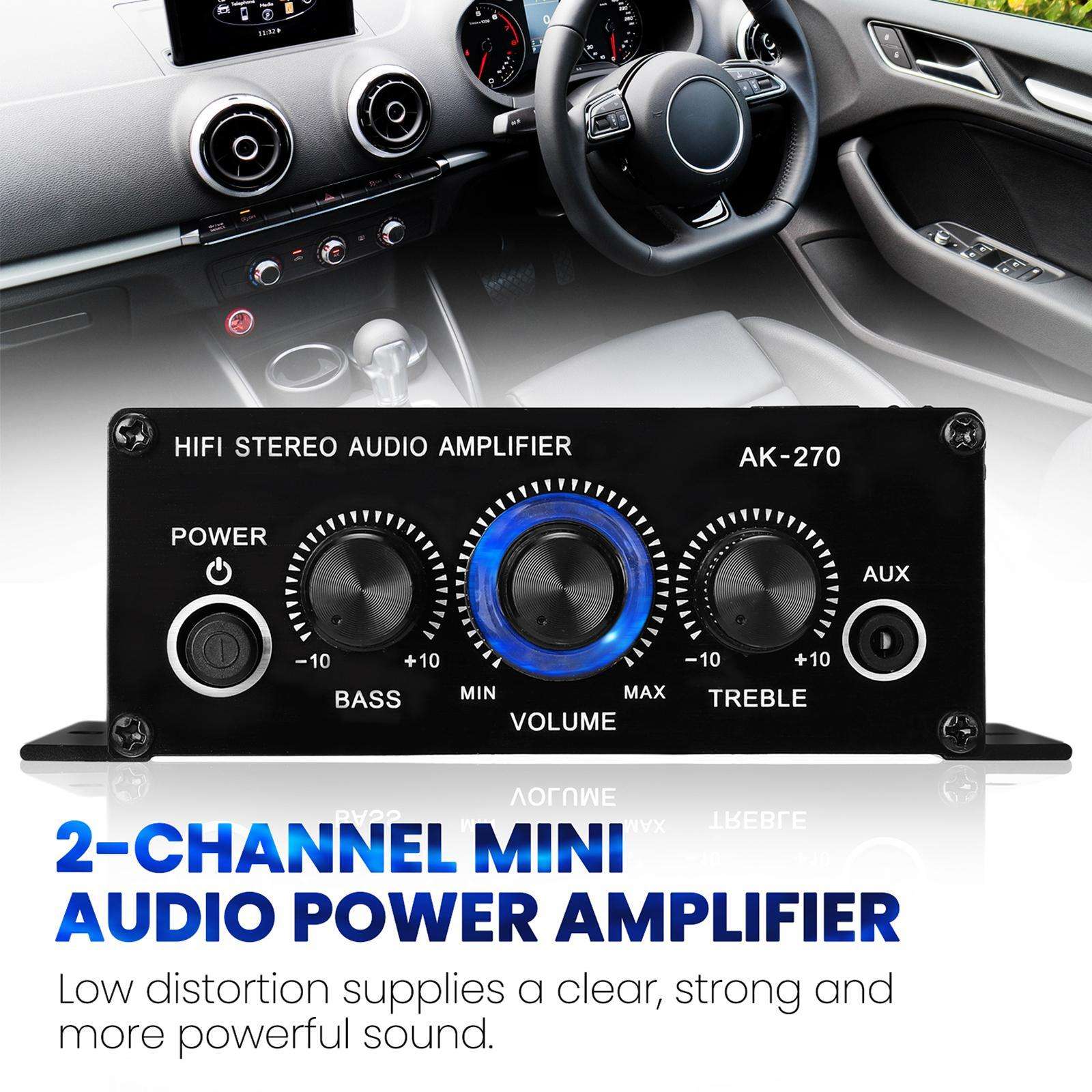 Sure, here is the corrected and grouped text:

---

**HIFI STEREO AUDIO AMPLIFIER AK-270**

- **POWER**
- **AUX**
- **BASS** (-10 to +10)
- **VOLUME** (MIN to MAX)
- **TREBLE** (-10 to +10)

**2-CHANNEL MINI AUDIO POWER AMPLIFIER**

Low distortion supplies a clear, strong and more powerful sound.

---
