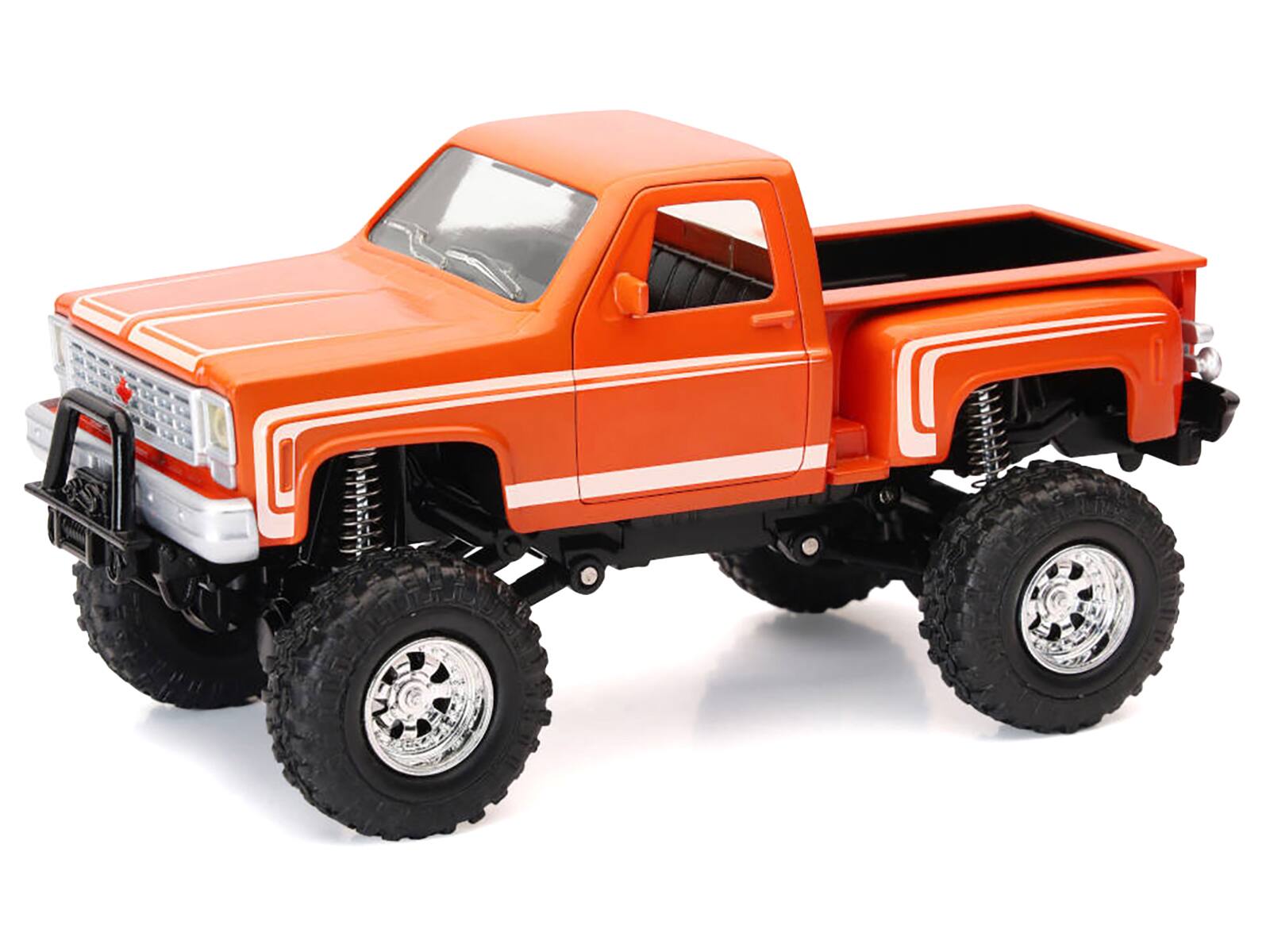 Angle. New Ray - Chevrolet Sport Step Side Pickup Truck Orange with White Graphics "Xtreme Off-Road" Series 1/30 Diecast Model by New Ray - Orange with White.
