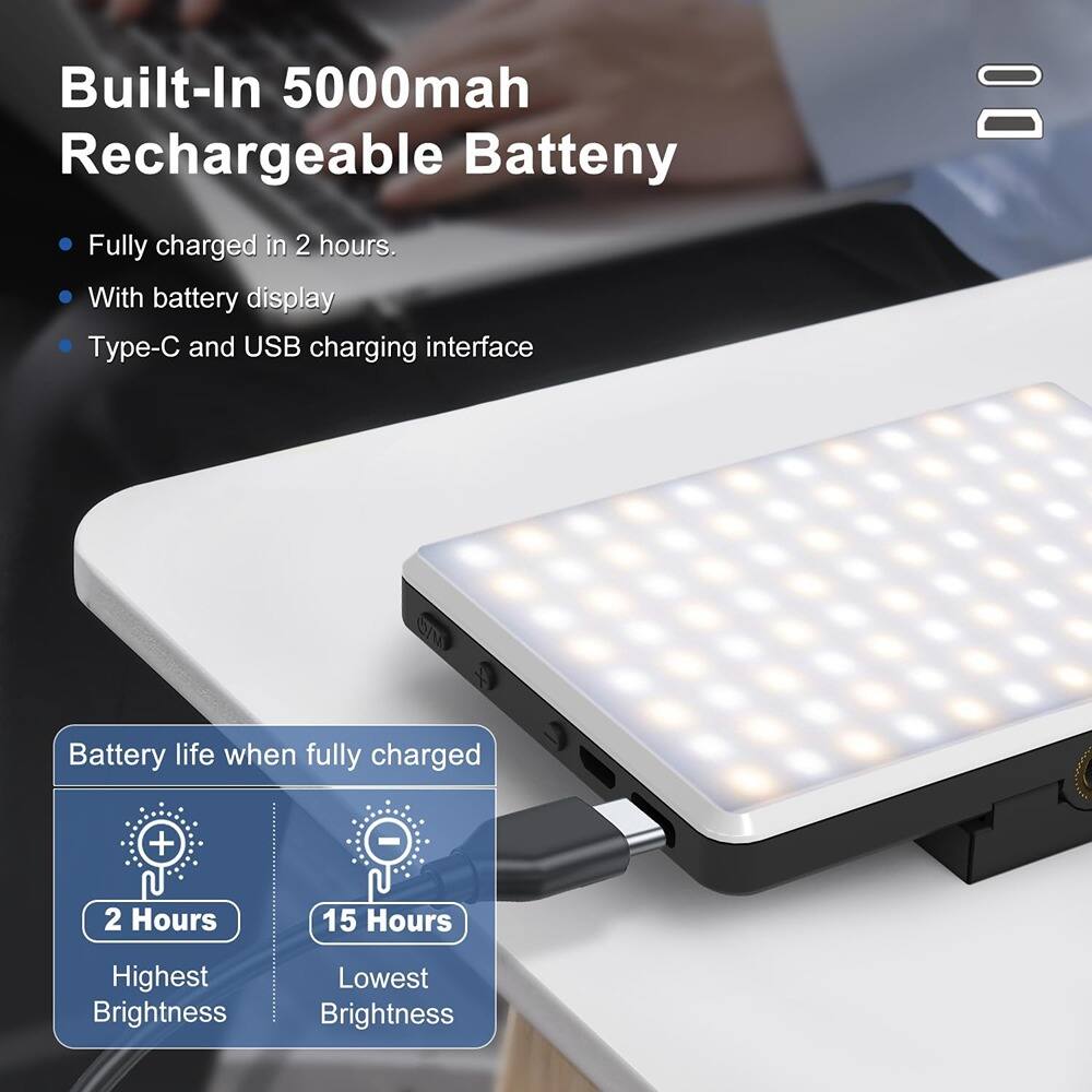Built-In 5000mah Rechargeable Battery

- Fully charged in 2 hours.
- With battery display
- Type-C and USB charging interface

Battery life when fully charged
- 2 Hours at Highest Brightness
- 15 Hours at Lowest Brightness