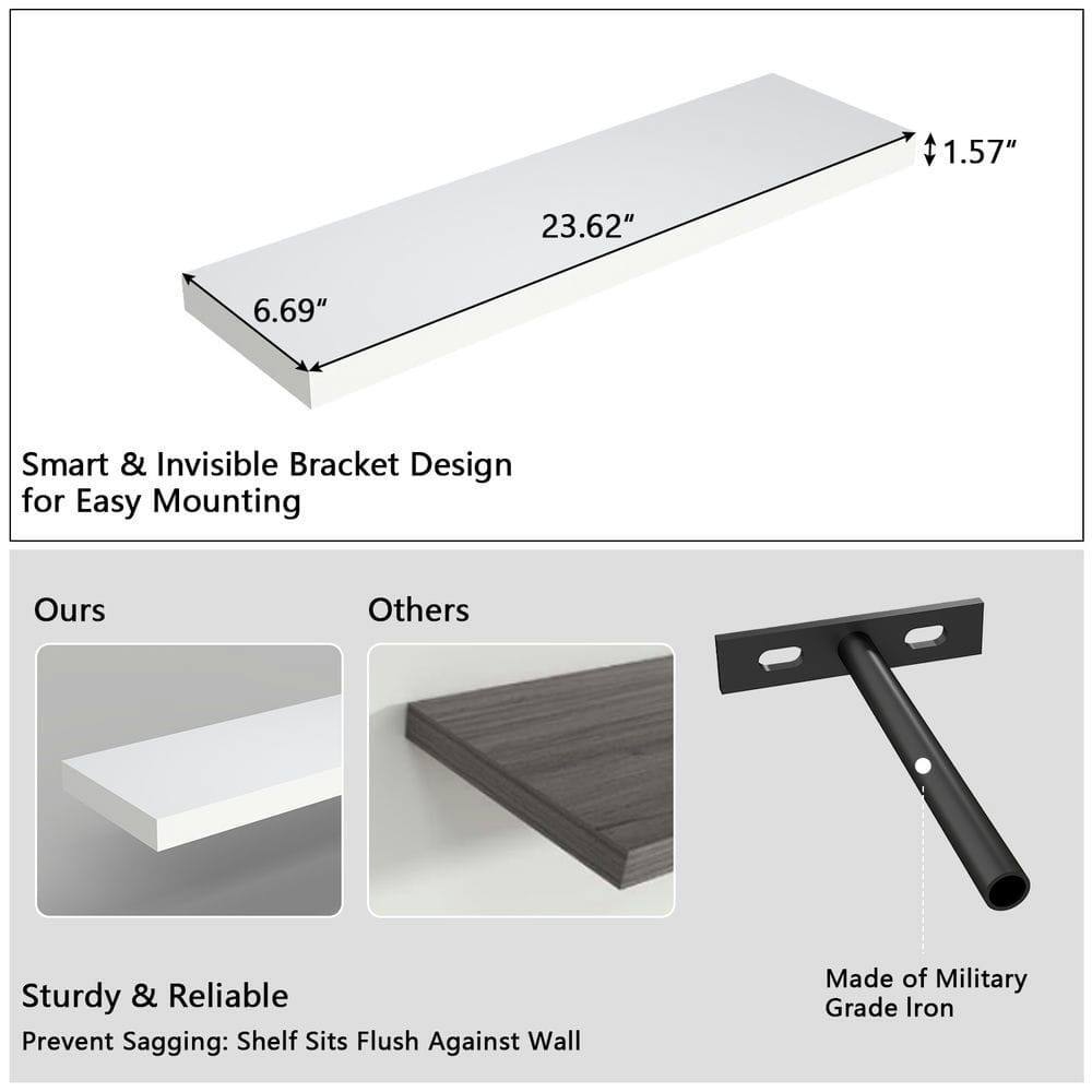 1.57" 23.62" 6.69" Smart & Invisible Bracket Design for Easy Mounting  
Ours Others  
Sturdy & Reliable Prevent Sagging: Shelf Sits Flush Against Wall  
Made of Military Grade Iron
