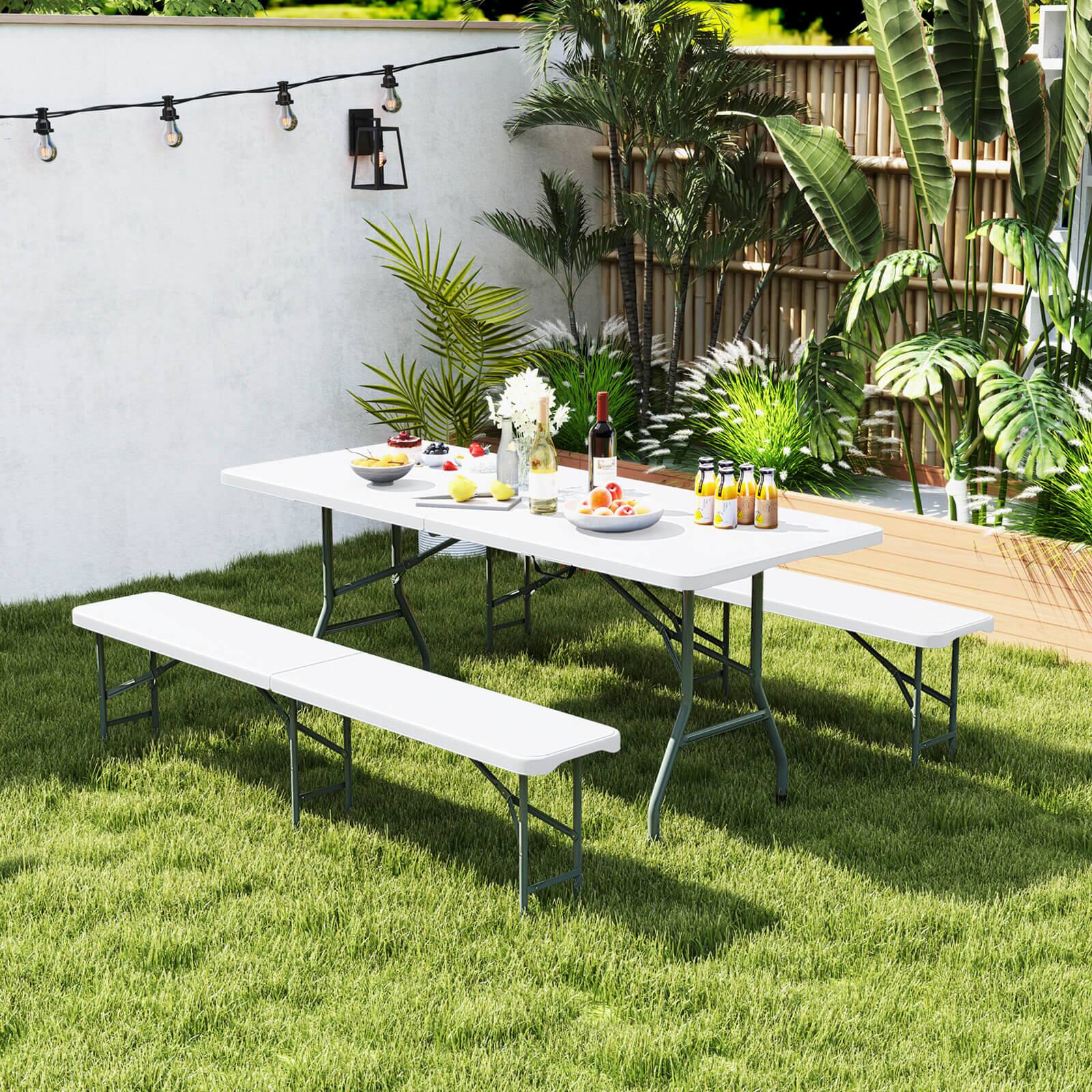 Alt View 3. Gymax - Gymax 3 PCS Folding Picnic Table Set w/ 6 ft Table & 2 Benches HDPE Tabletop Bench Top Coffee - White.